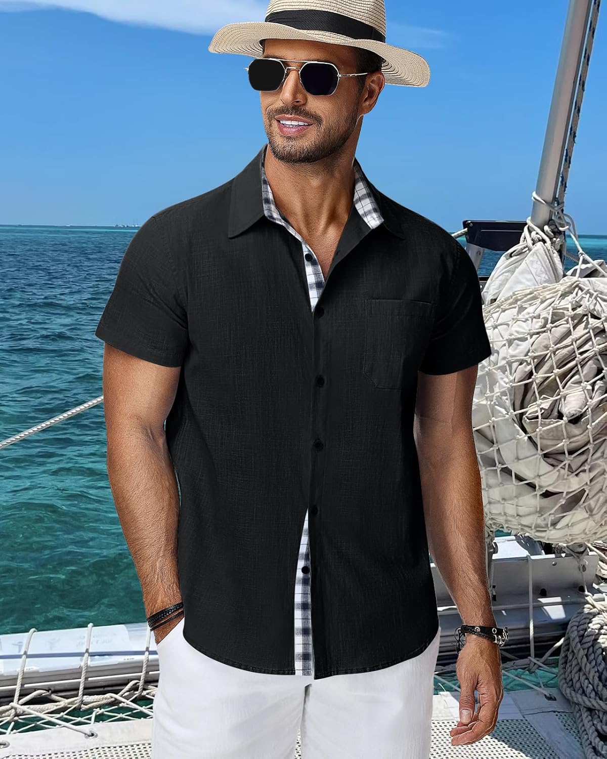 Detalle 2 de HMIYA Herren Kurzarm Hemd aus 100% Baumwolle – Button Down, Sommer, Regular Fit