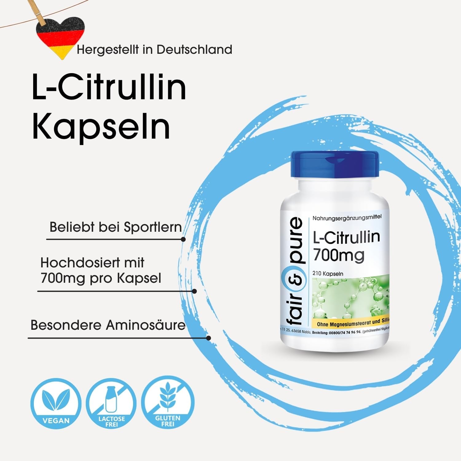 Detalle 2 de Fair & Pure L-Citrullin 700mg – 210 Kapseln, vegan, hergestellt in Deutschland