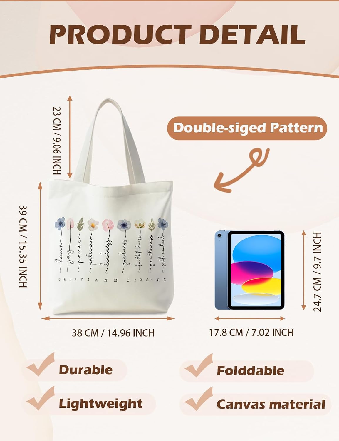 Detalle de Supwhd Women’s Christian Bible Tote Bag — Reusable Canvas Bible Bag with Pocket & Long Handles