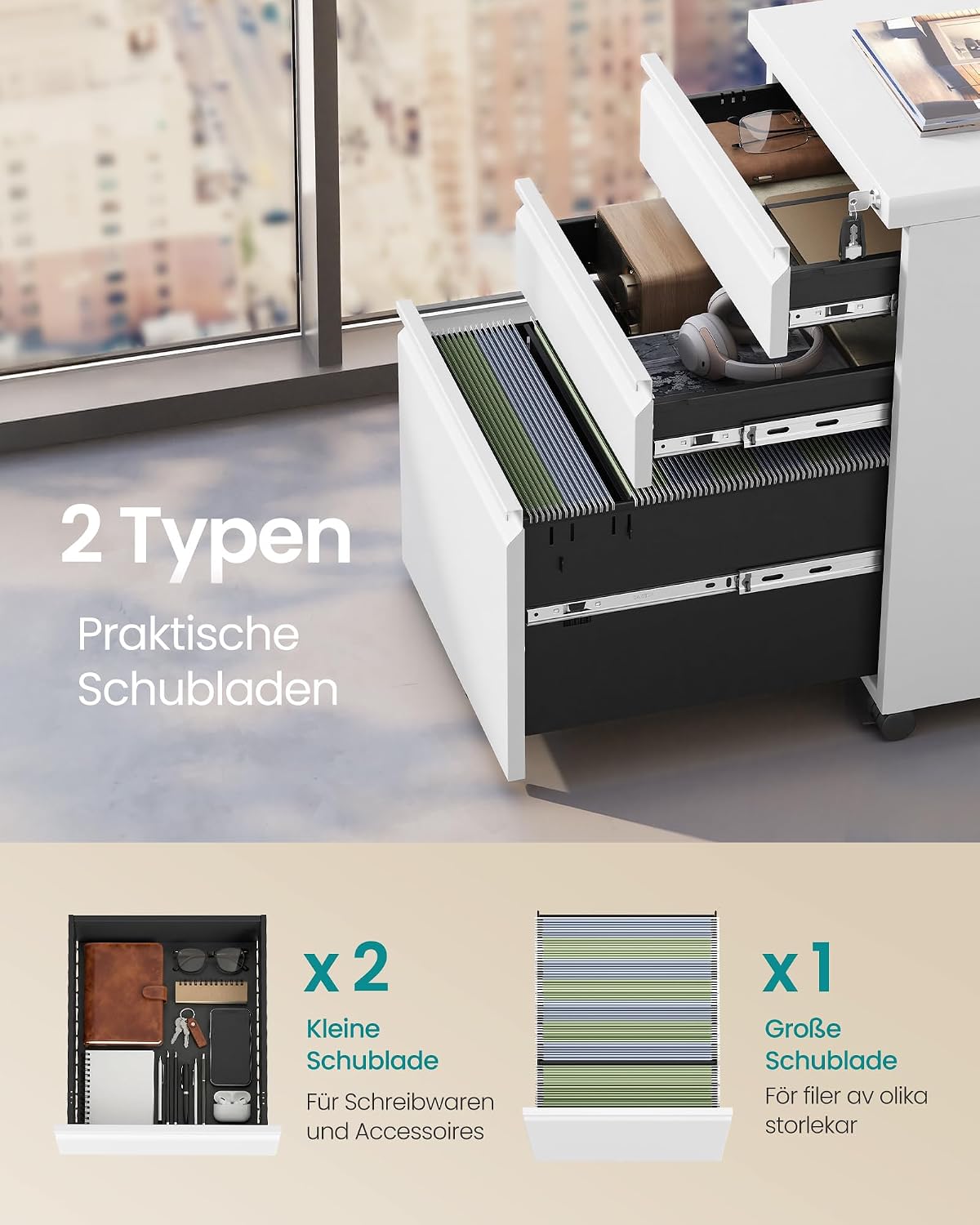 Detalle de SONGMICS OFC033W101 Büroschrank mit 3 Schubladen, Stahlgestell, mattweiß – Rollcontainer mit Druckerhalter