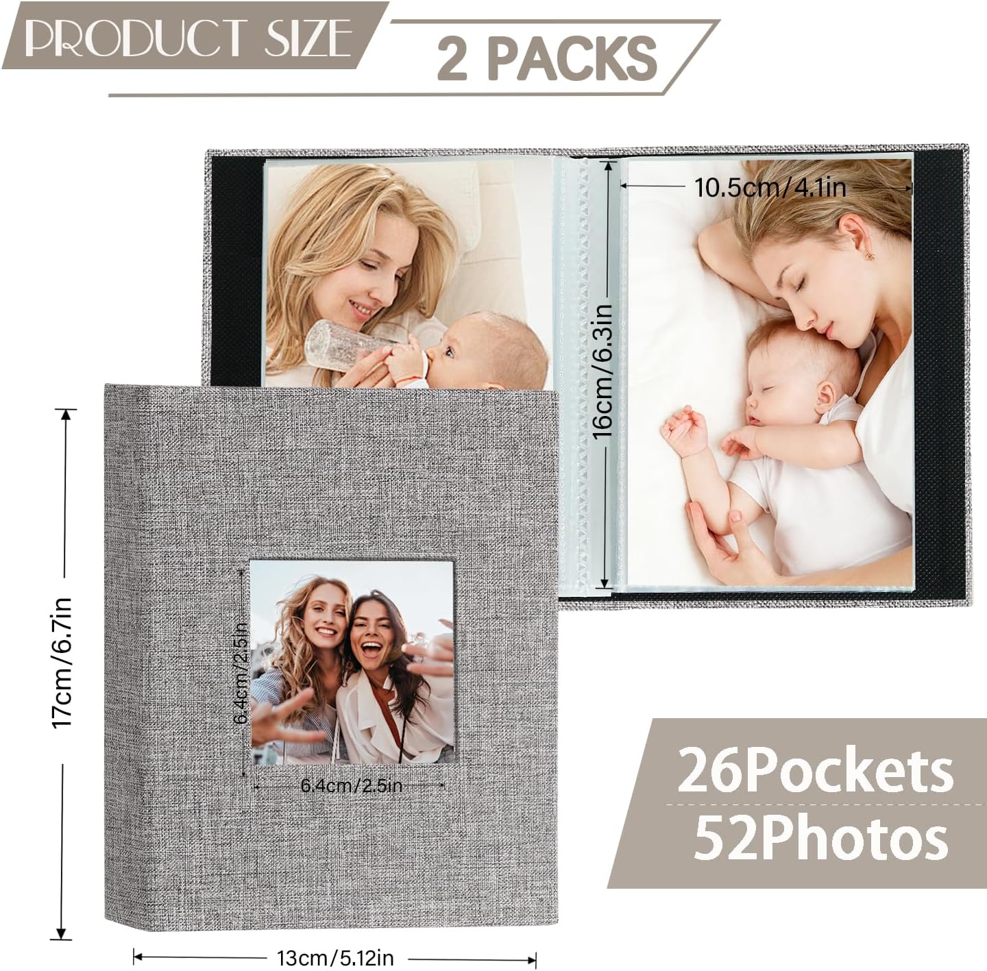 Thumbnail 1 de Miaikoe Small Photo Album 6x4 (2 Packs) – Linen, Top Loading, 50 Pockets per Album, Holds 100 Photos (Grey) – Ideal for Family, Weddings and Baby Memories