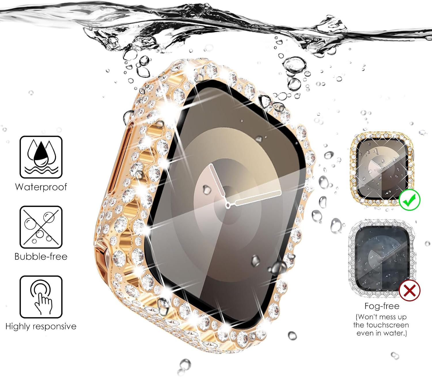 Detalle de Fullife 2 in 1 Waterproof Bling Case & 9H Tempered Glass Screen Protector for Apple Watch 45mm (Series 9/8/7) – Rosegold