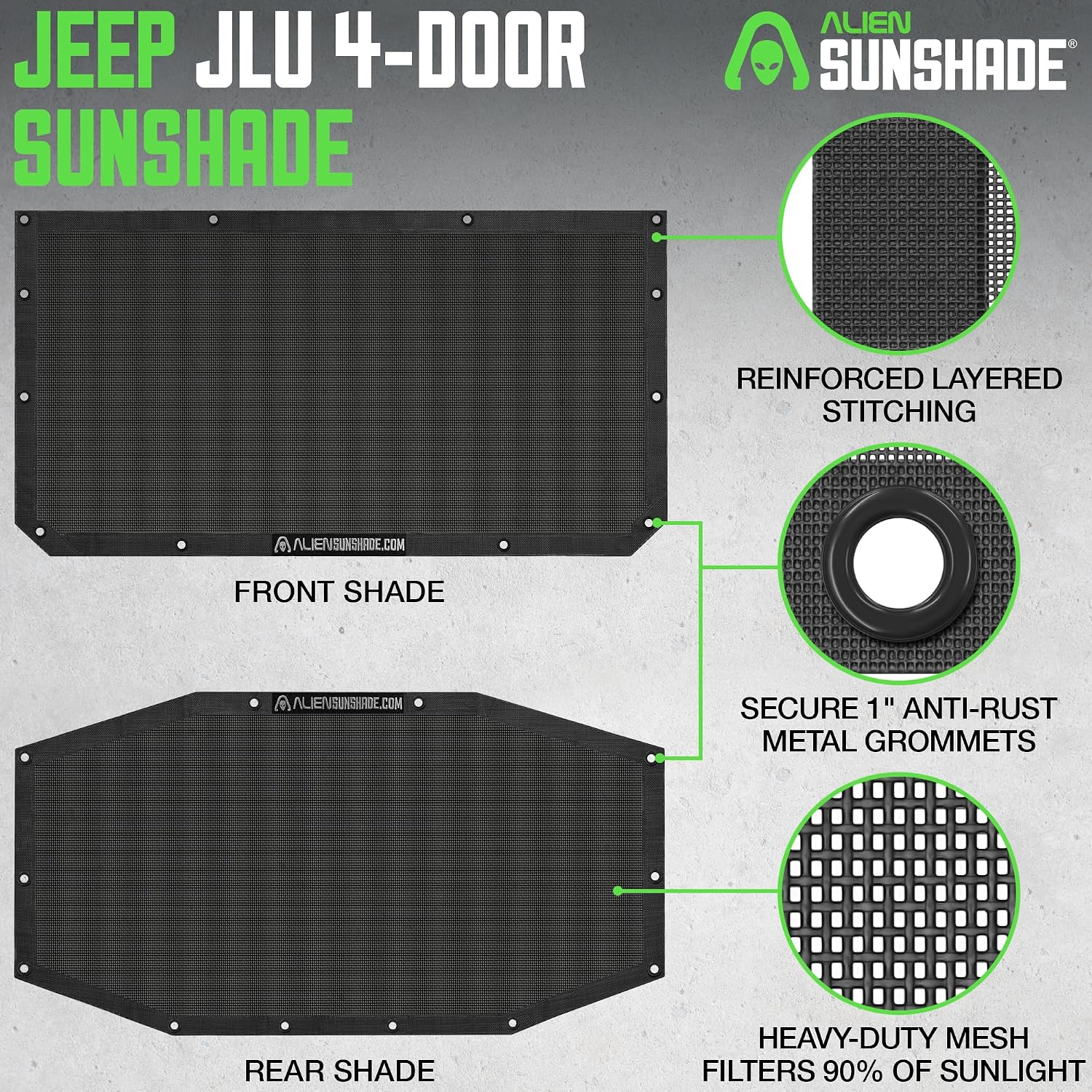Detalle de ALIEN SUNSHADE Mesh Sun Shade for Jeep Wrangler JLU (2018-2023) — Front & Rear, Blocks UV, Wind & Noise (Black)