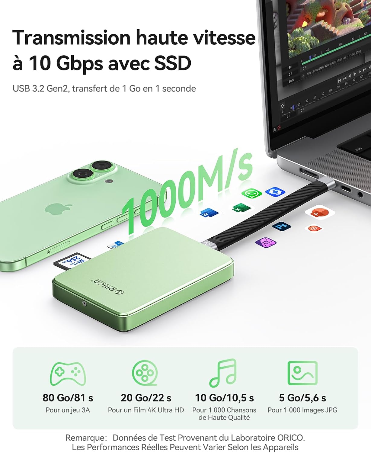 Detalle 2 de ORICO Boîtier M.2 NVMe Magnétique 10 Gbps avec hub USB‑C, emplacements SD/TF et charge PD 100 W (AP80F) pour iPhone 15/16/17 Pro/Max