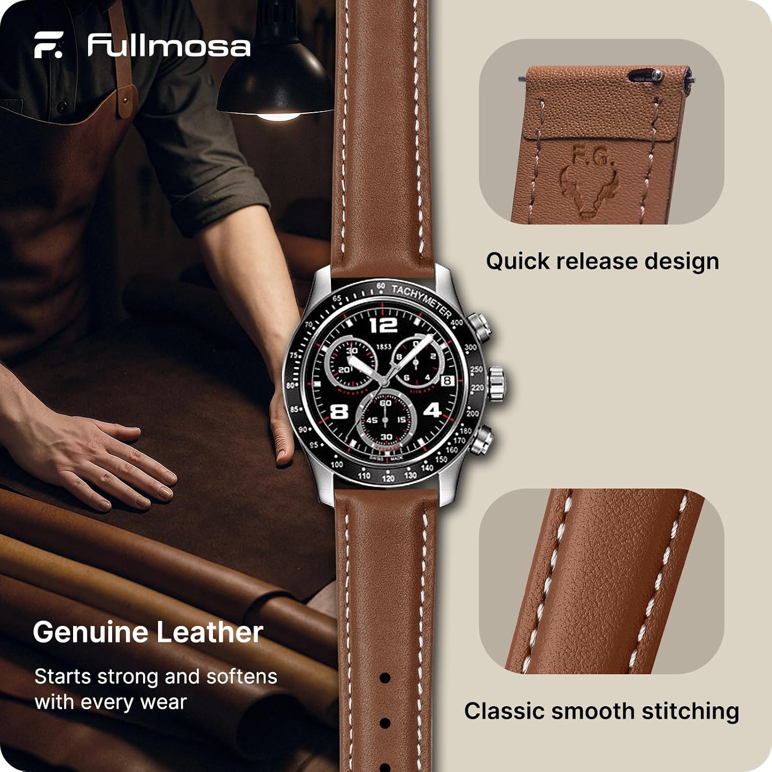 Detalle 2 de Fullmosa 22mm Uhrenarmband Braun Echtleder