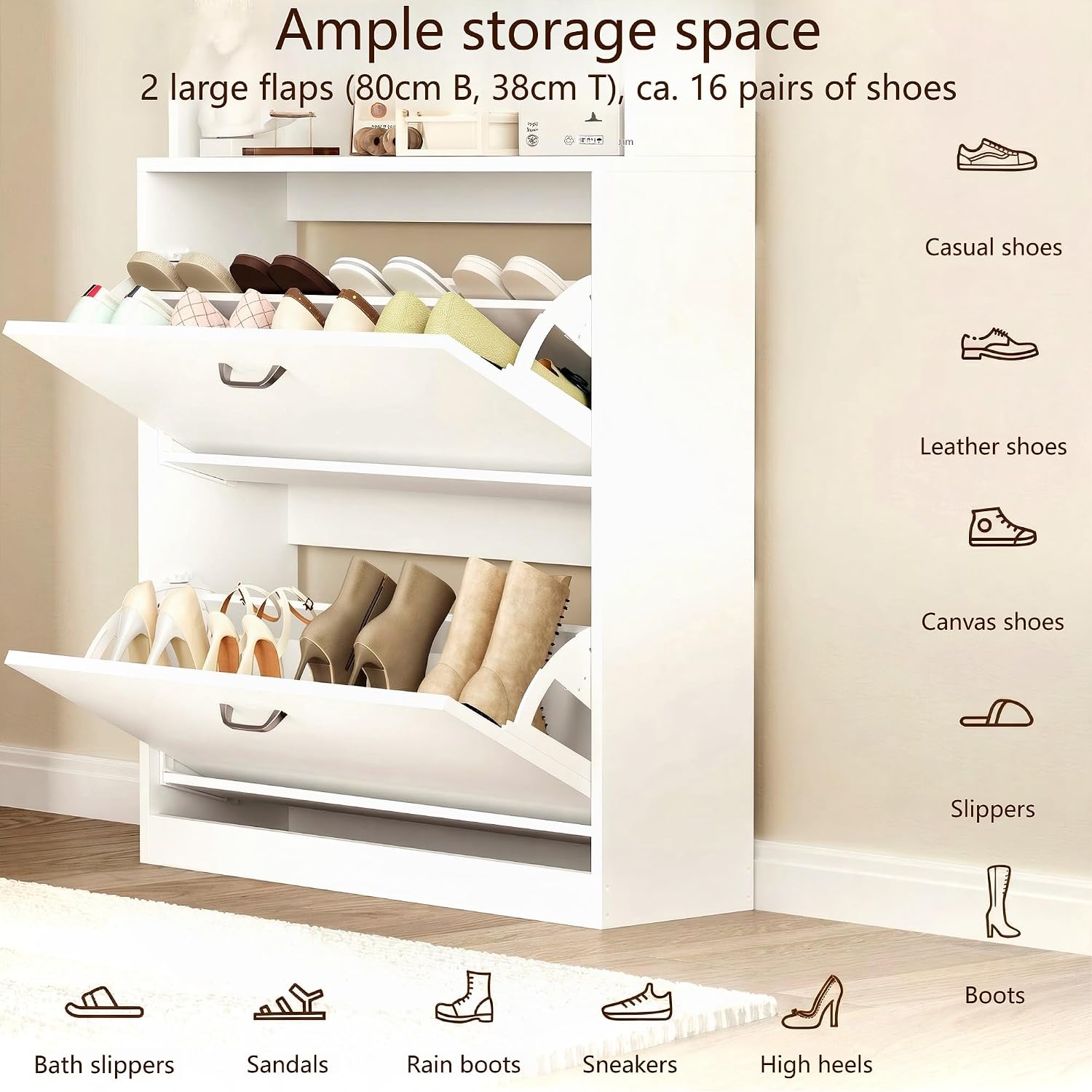 Thumbnail 6 de IRONCK Shoe Cabinet 2 Flip Drawers – Slim Freestanding Shoe Storage, 3-Tier Open Shelves, 80x24x165cm, White