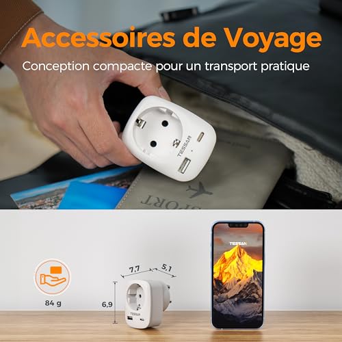 Thumbnail 7 de TESSAN Adaptateur de voyage Type D avec USB-C, USB-A et prise 2 500 W