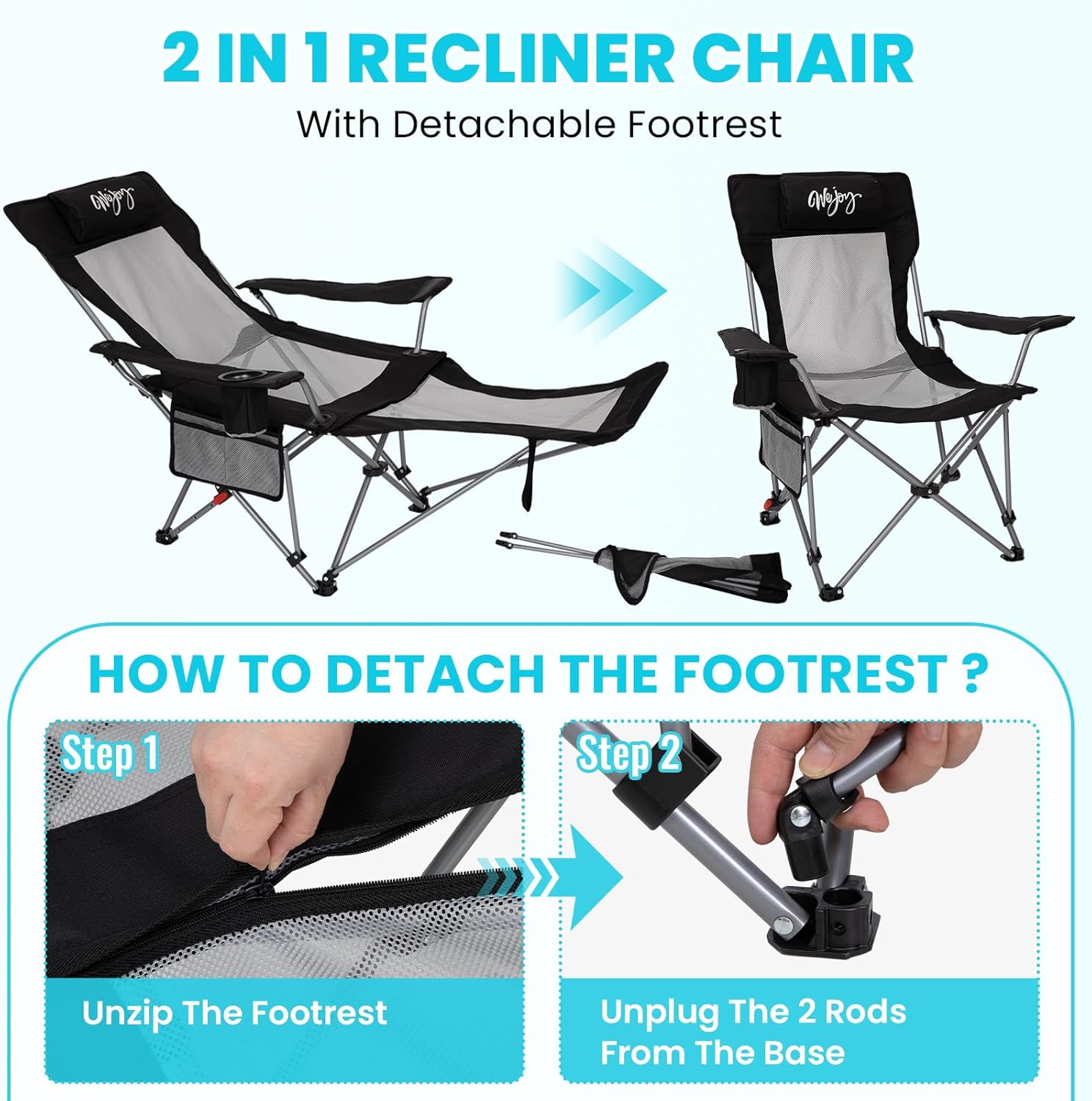 Thumbnail 3 de #WEJOY sedia da campeggio pieghevole 2 in 1 con schienale regolabile e poggiapiedi (fino a 180 kg)