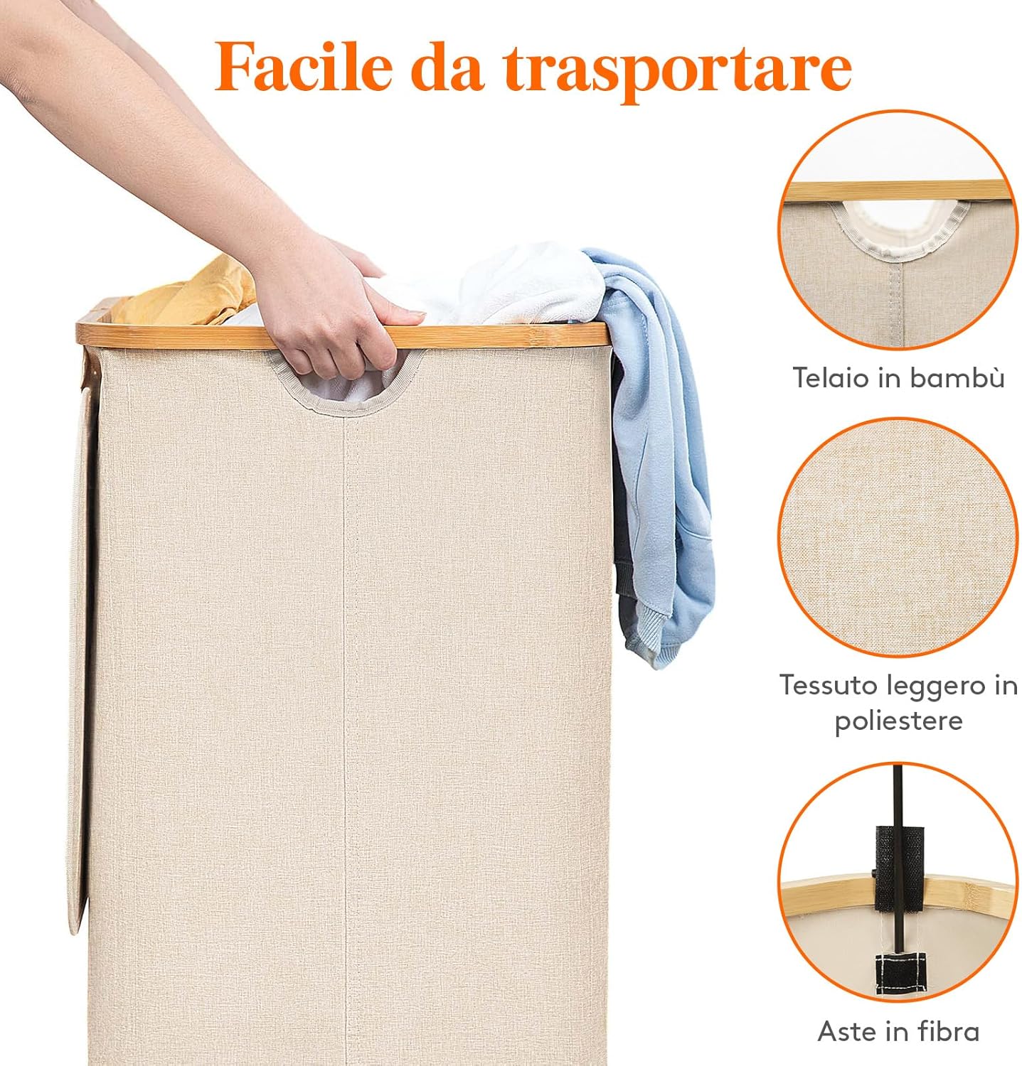 Thumbnail 5 de Lifewit Cesta Portabiancheria 120 L con Coperchio, pieghevole in bambù beige