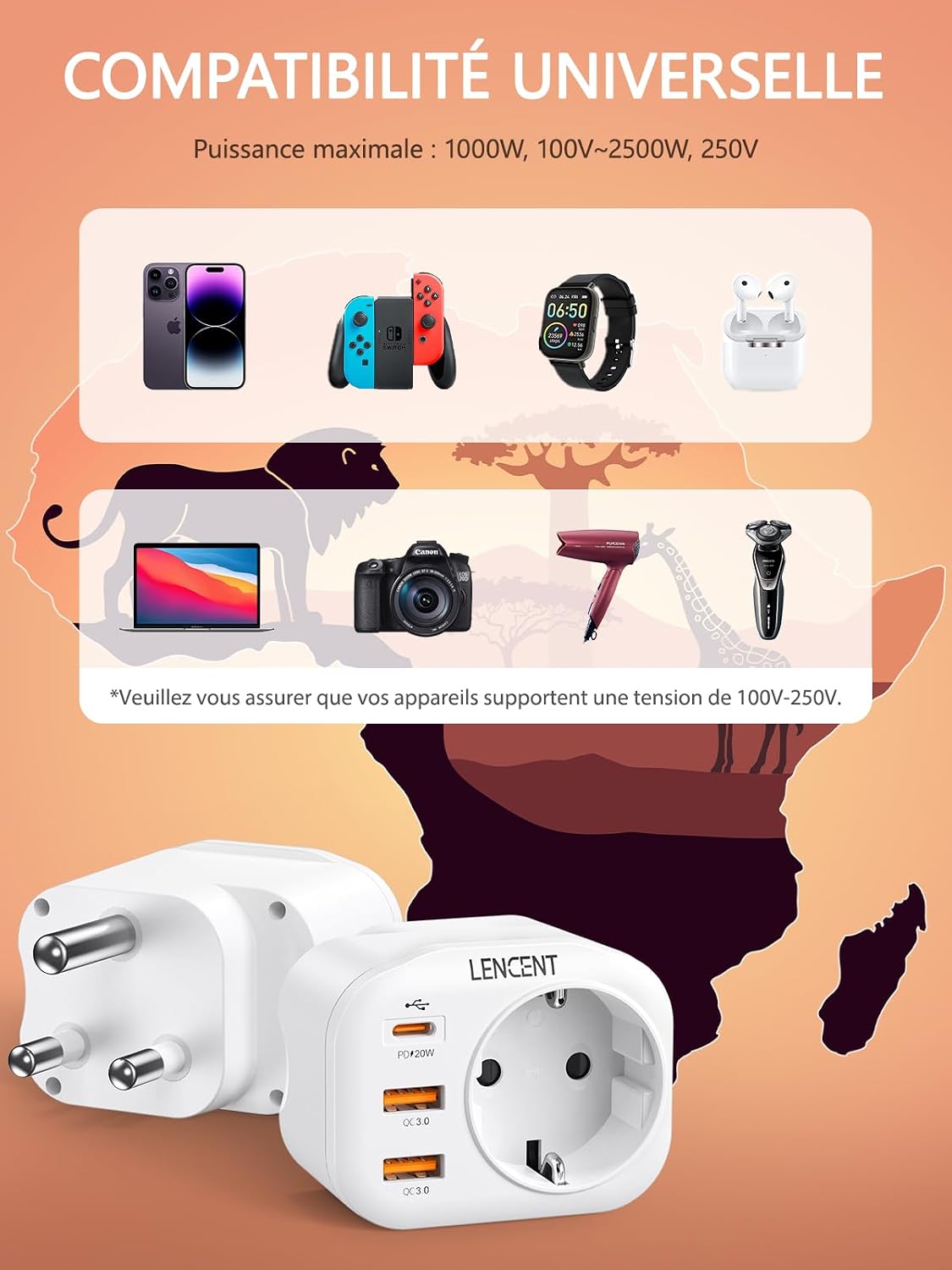 Thumbnail 4 de LENCENT Adaptateur voyage 4 en 1 Type M