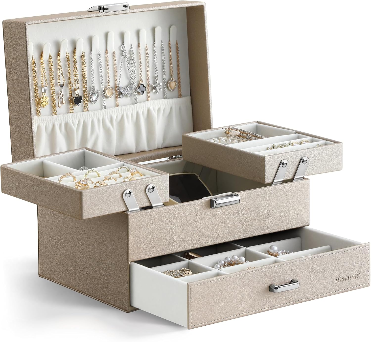 Dajasan Schmuckkästchen – 3‑stufige PU‑Leder Schmuckbox mit 1 Schublade (Champagner)