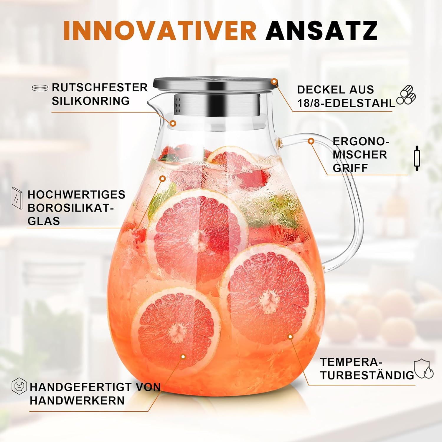 Thumbnail 5 de SUSTEAS Wasserkaraffe 3,0 Liter aus Borosilikatglas mit Deckel, breitem Griff & Reinigungsbürste