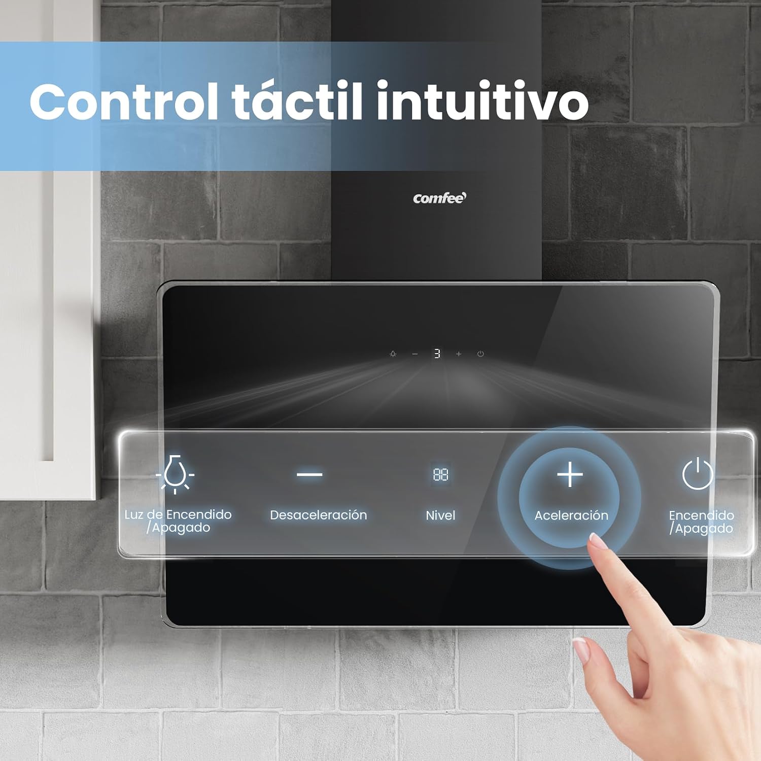 Detalle 2 de COMFEE' ANGJ64B-60 Hotte inclinée 60 cm en Verre Trempé Noir – LED, 3 vitesses, recyclage ou évacuation
