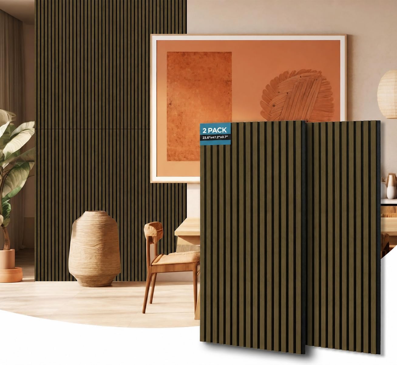 Detalle de AKUMAX 3D01 Wood Slat Acoustic Wall Panels, Black Walnut, 2-Pack