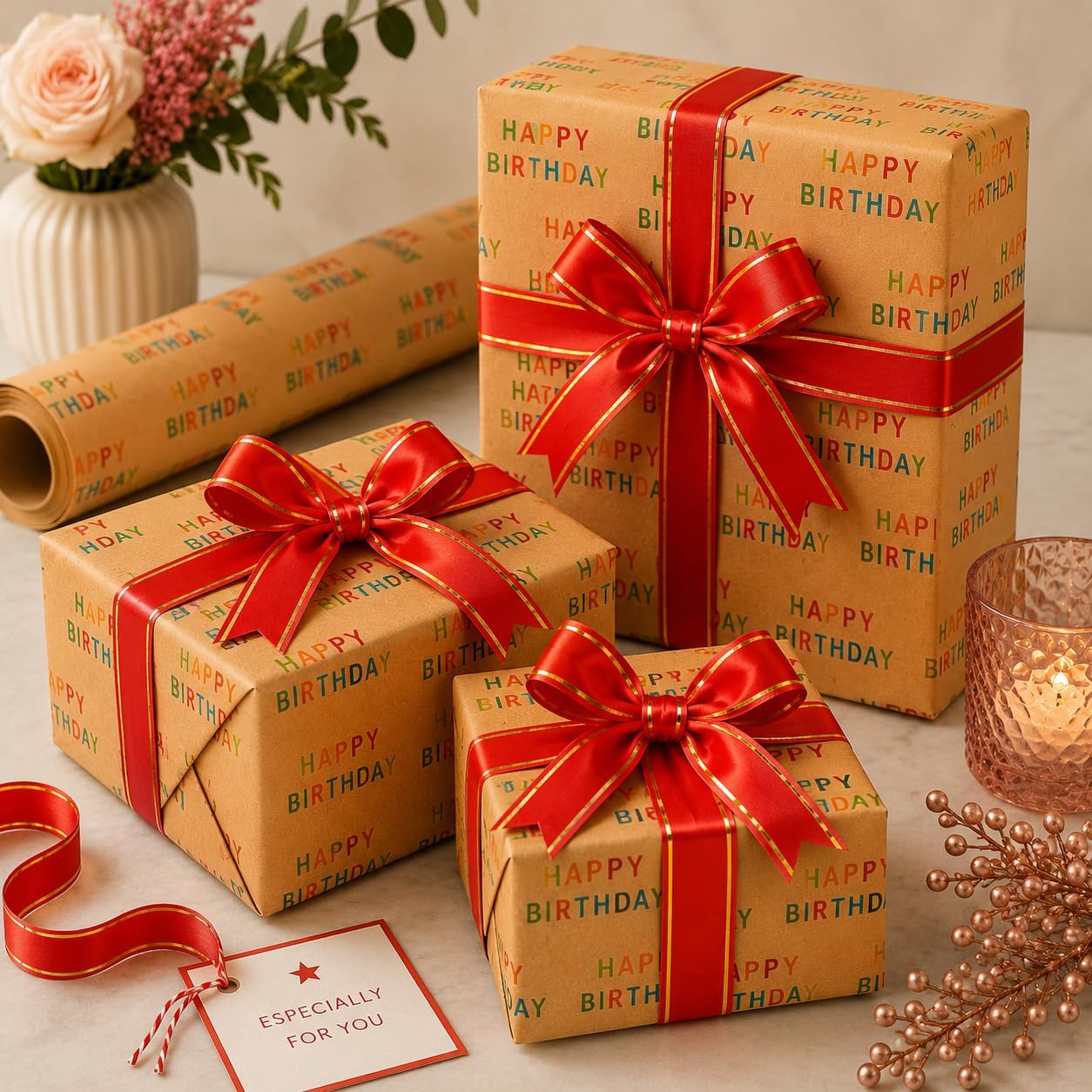 Detalle de HURUC Happy Birthday Wrapping Paper Roll 43cm x 25m with 5 Red Pull Bows