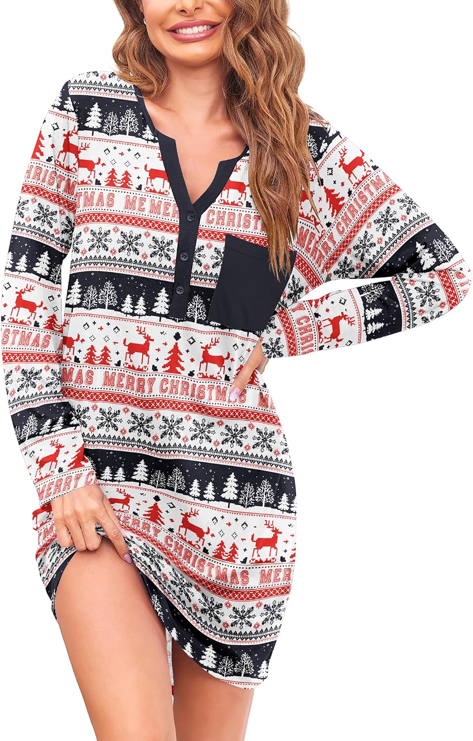 Detalle de Ekouaer Women's Long-Sleeve Button-Down V-Neck Nightshirt