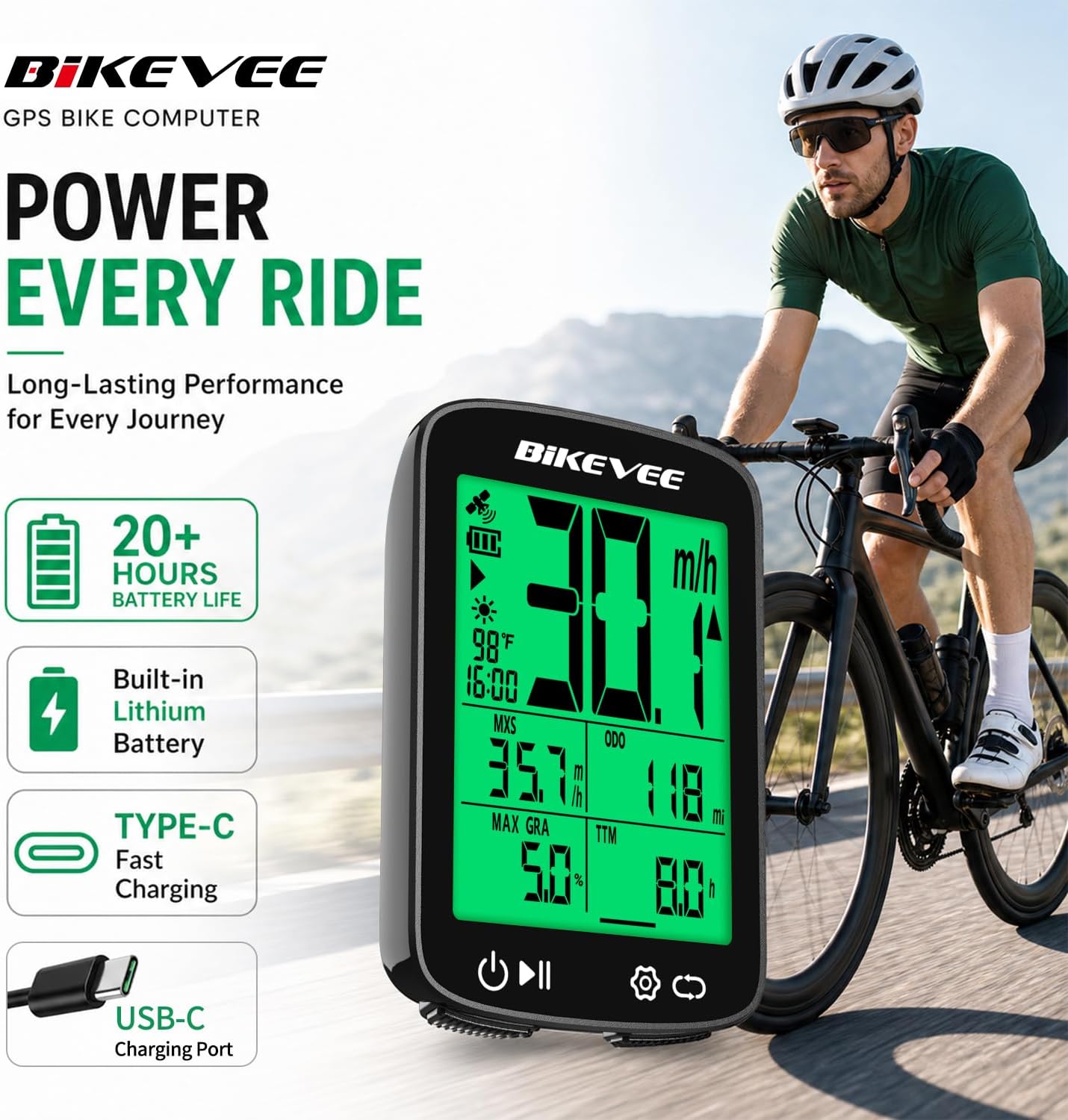 Thumbnail 6 de Bikevee Wireless GPS Bike Computer, 2.4-Inch Display, IPX7, 28-Hour Runtime