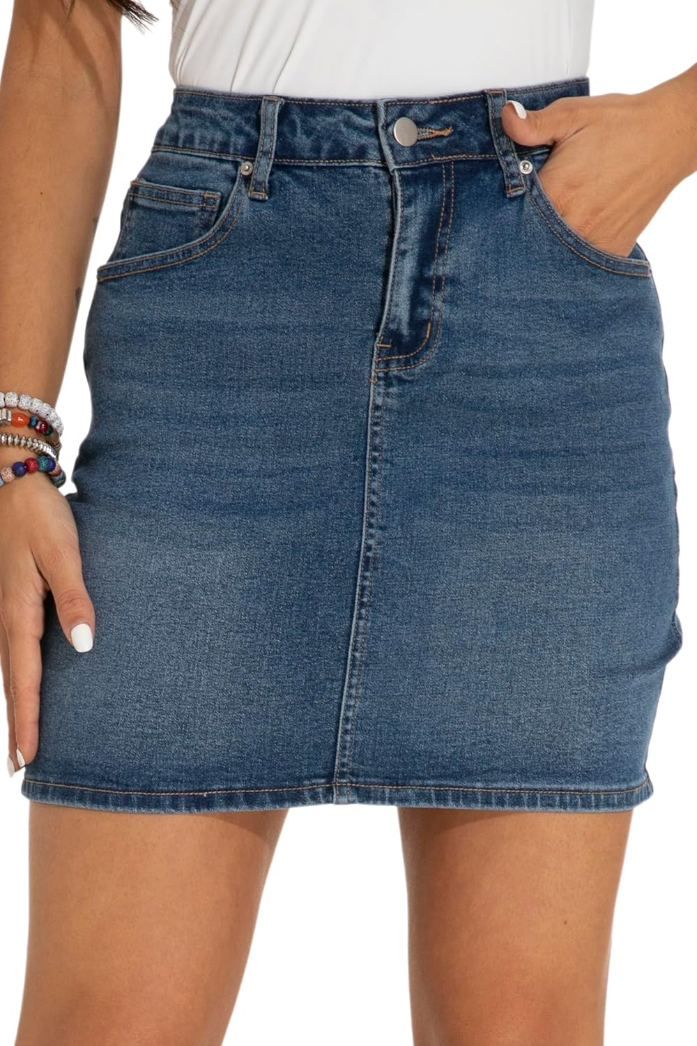 Detalle de GUANYY Women's High-Waisted Denim Mini Skirt, Stretch Fabric, 5-Pocket Design