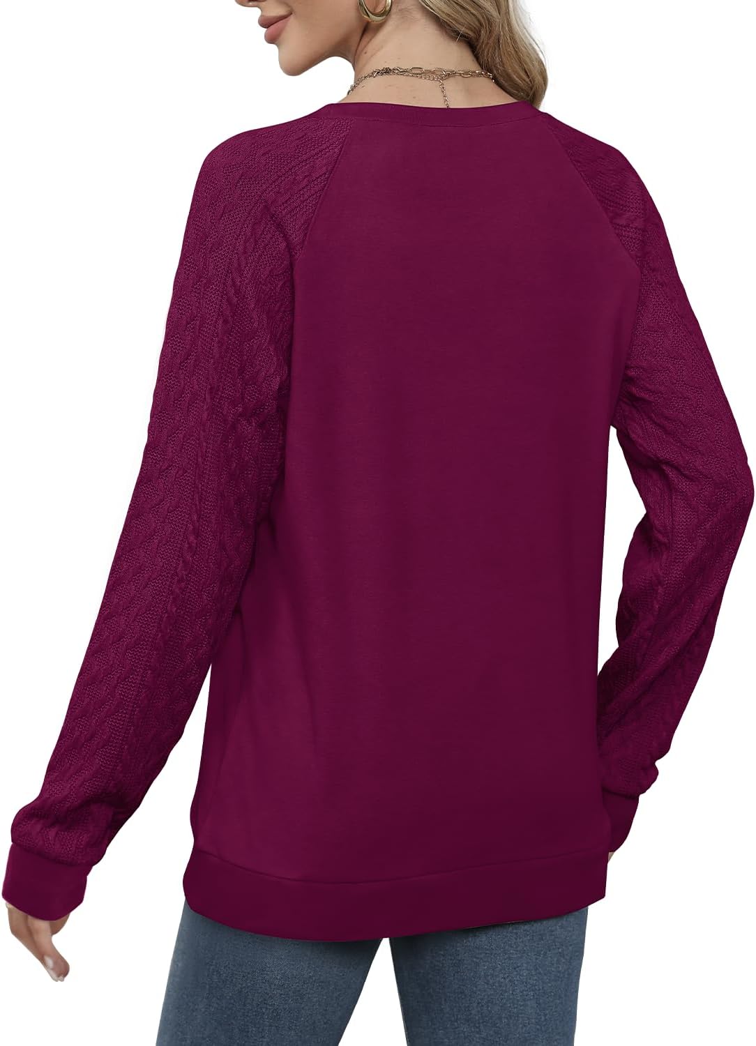 Detalle 2 de Jescakoo Women's Fall Sweatshirt with Cable-Knit Sleeves, Lightweight and Soft