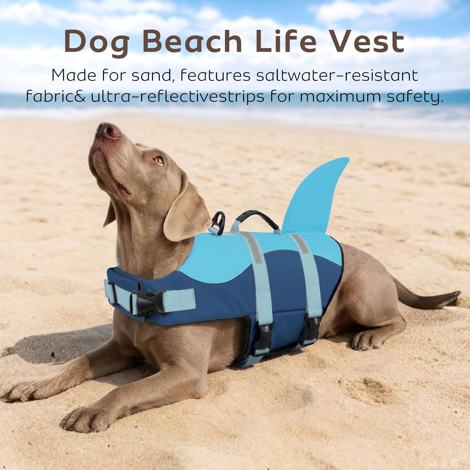 Detalle de CITÉTOILE Schwimmweste Hund Hai – verstellbare Rettungsweste mit Griff, Reflektoren und Hai-Design