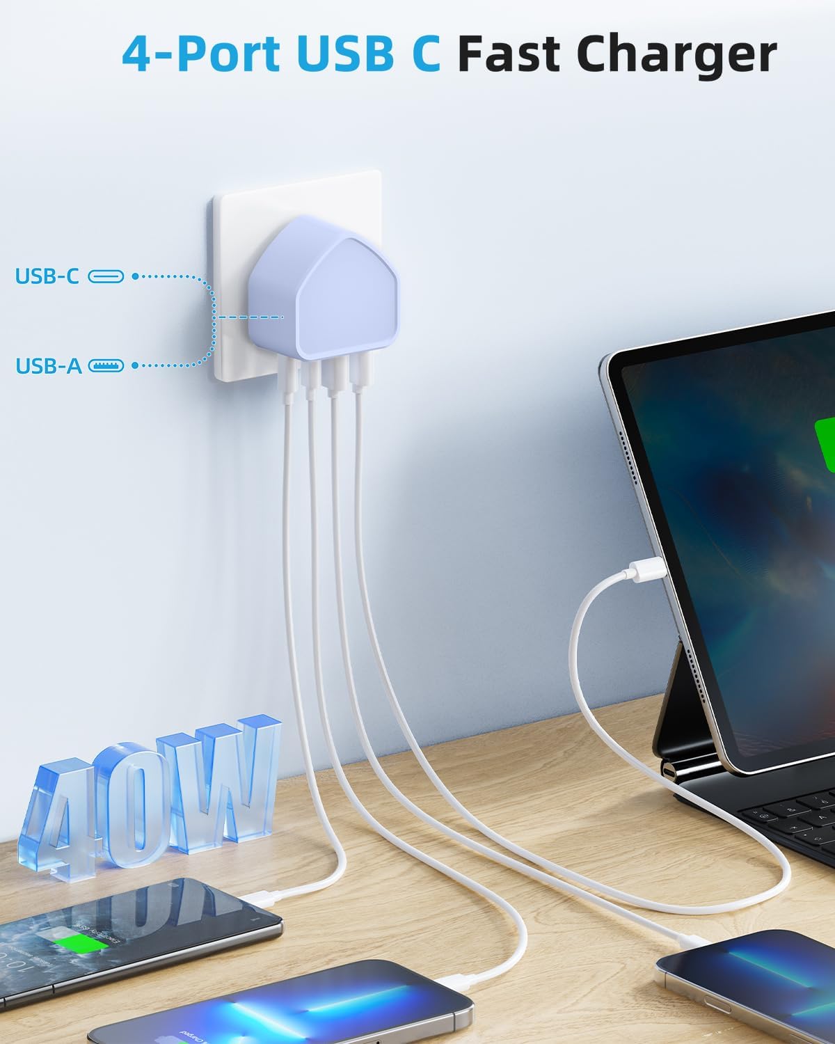 Detalle de USB C Plug Fast Charge 40W 4-Port UK Charger Plug (2-Pack) – Dual USB-C + Dual USB-A