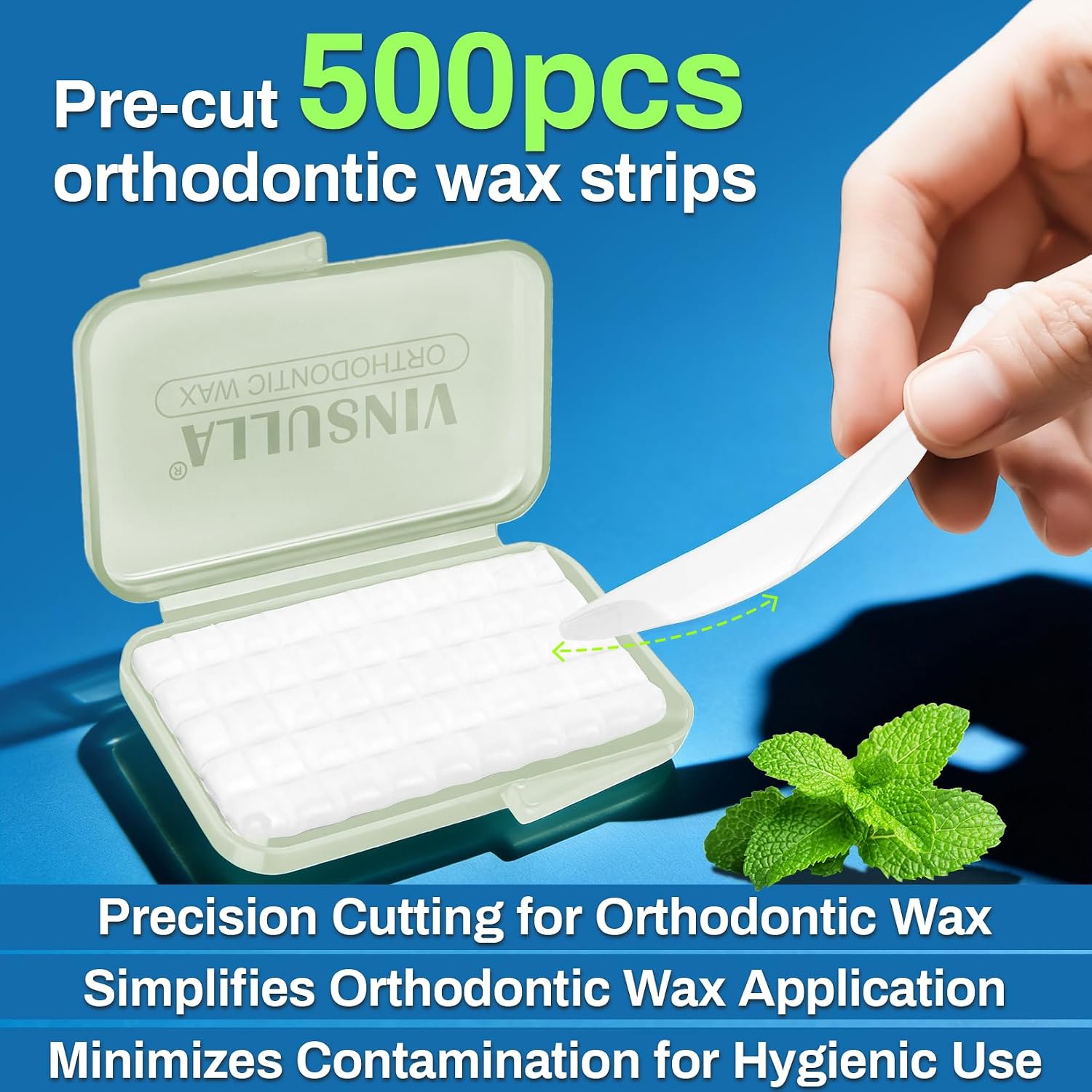 Detalle 1 de VINSULLA Orthodontic Wax, 500 Mint Pre-Sized Dots in 10 Packs