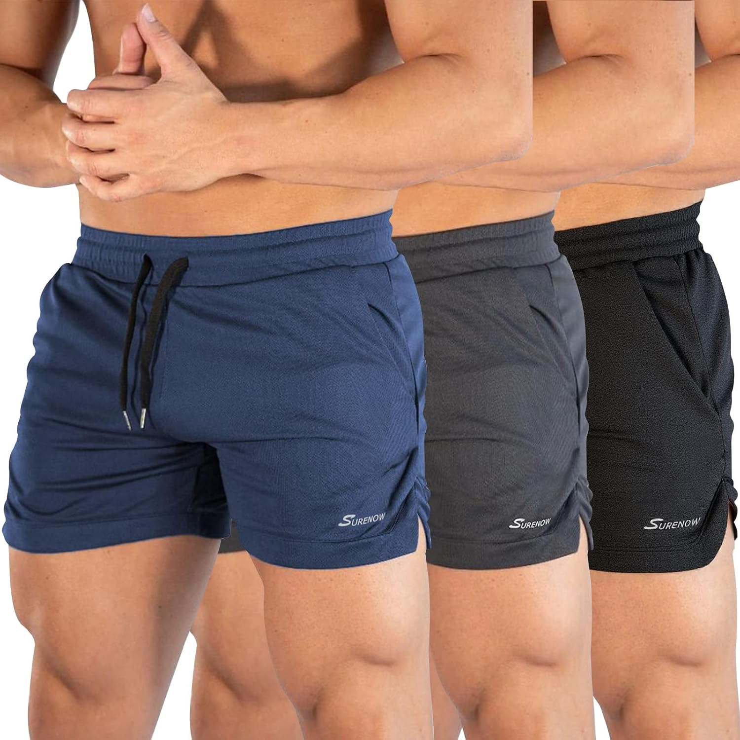 Detalle de Surenow 3-Pack Men’s Running/Gym Shorts (3 Inch) with Pockets