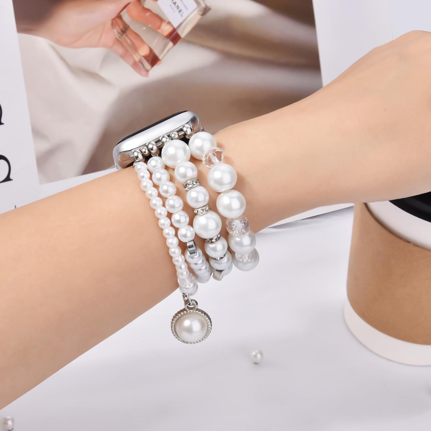 Thumbnail 3 de VMORO Pearl Bracelet for Apple Watch (40–46mm) – White Pearl Leather Strap for Women