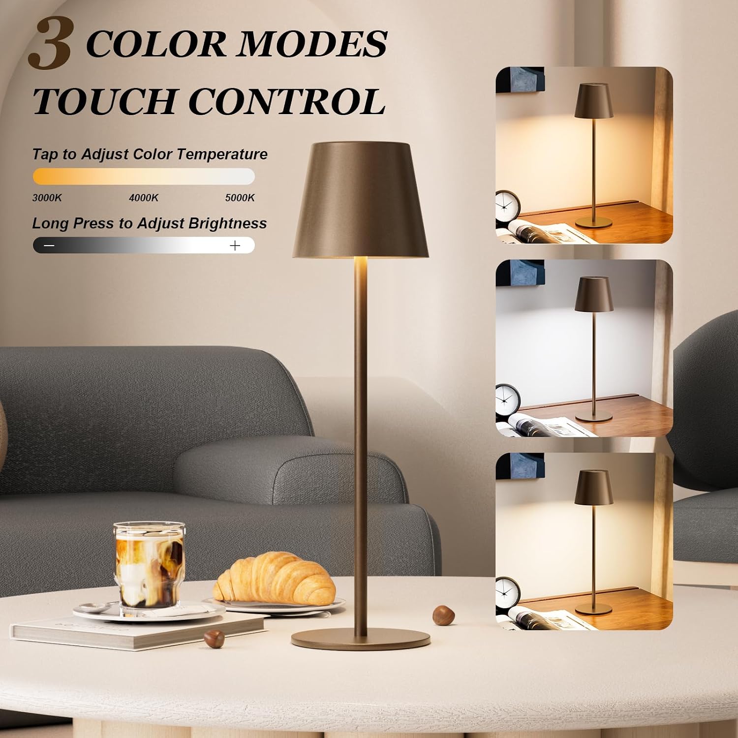 Detalle de Kakanuo Brown Cordless Table Lamps, 2-Pack, Rechargeable with Touch Dimming