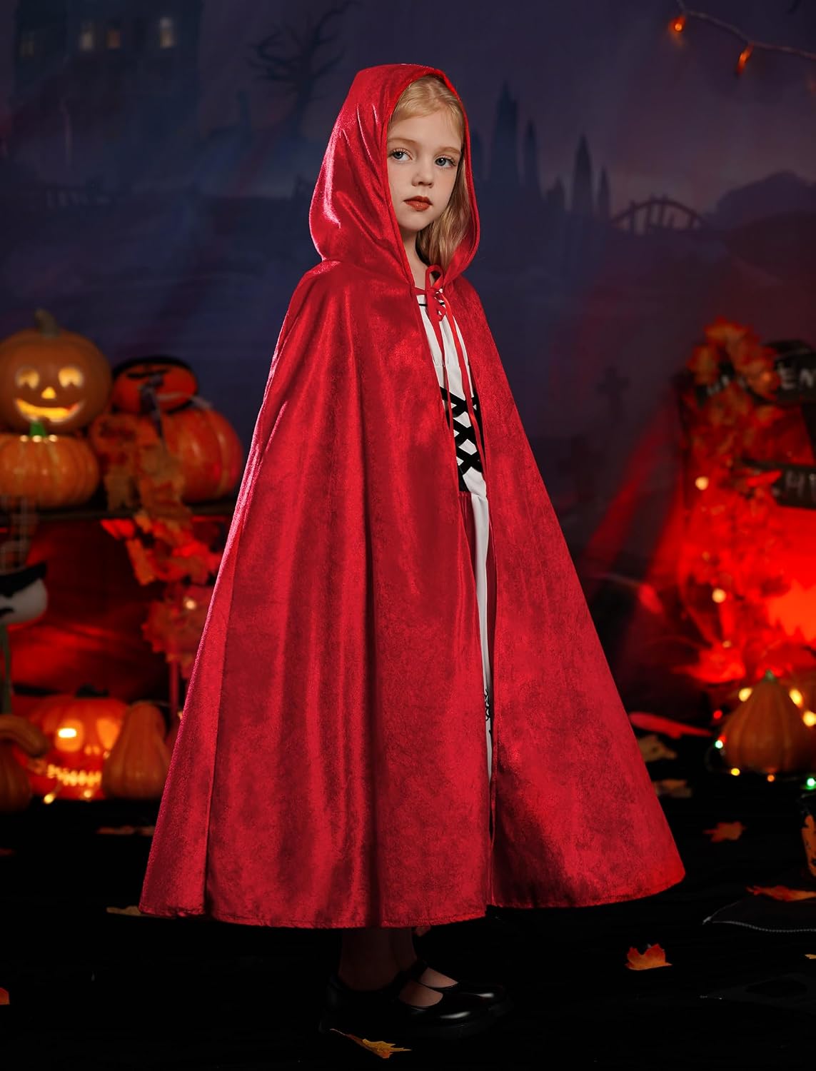 Detalle de IDOPIP Little Red Riding Hood Costume for Girls, 2-Piece Dress and Cape