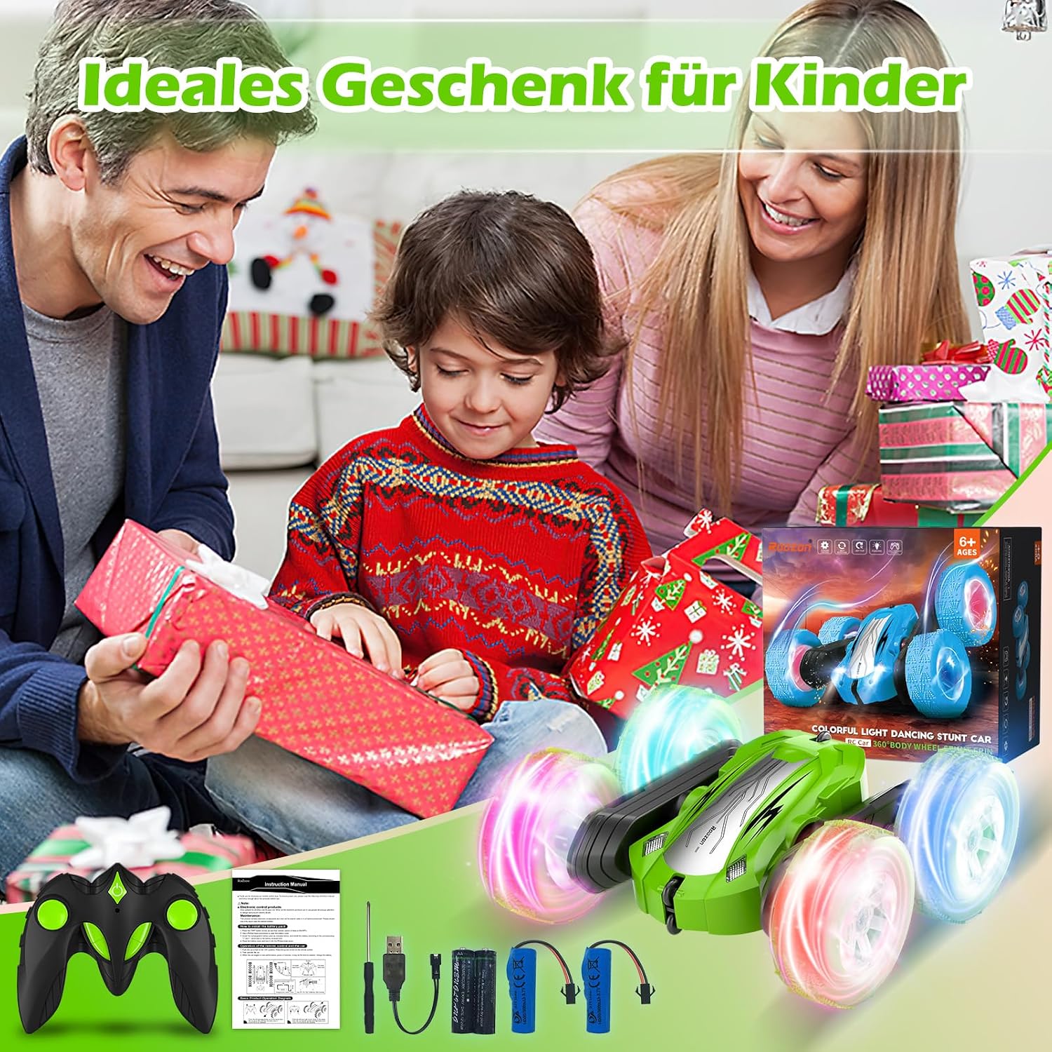 Thumbnail 5 de Rodzon Ferngesteuertes Auto 4WD Grün – RC Car mit LED-Lichtern, 2,4 GHz, 360° Flip, für Kinder ab 6–9+ Jahren