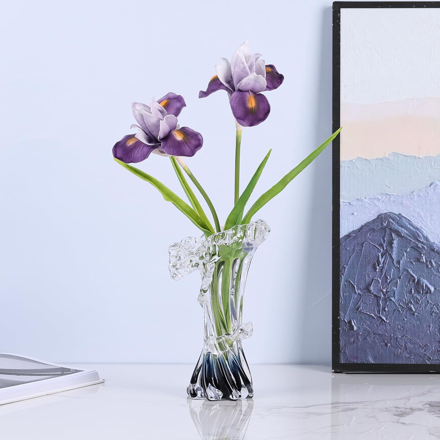 Thumbnail 6 de Vase LINYTHER en verre soufflé à la main dégradé bleu/blanc transparent, style mer et vagues