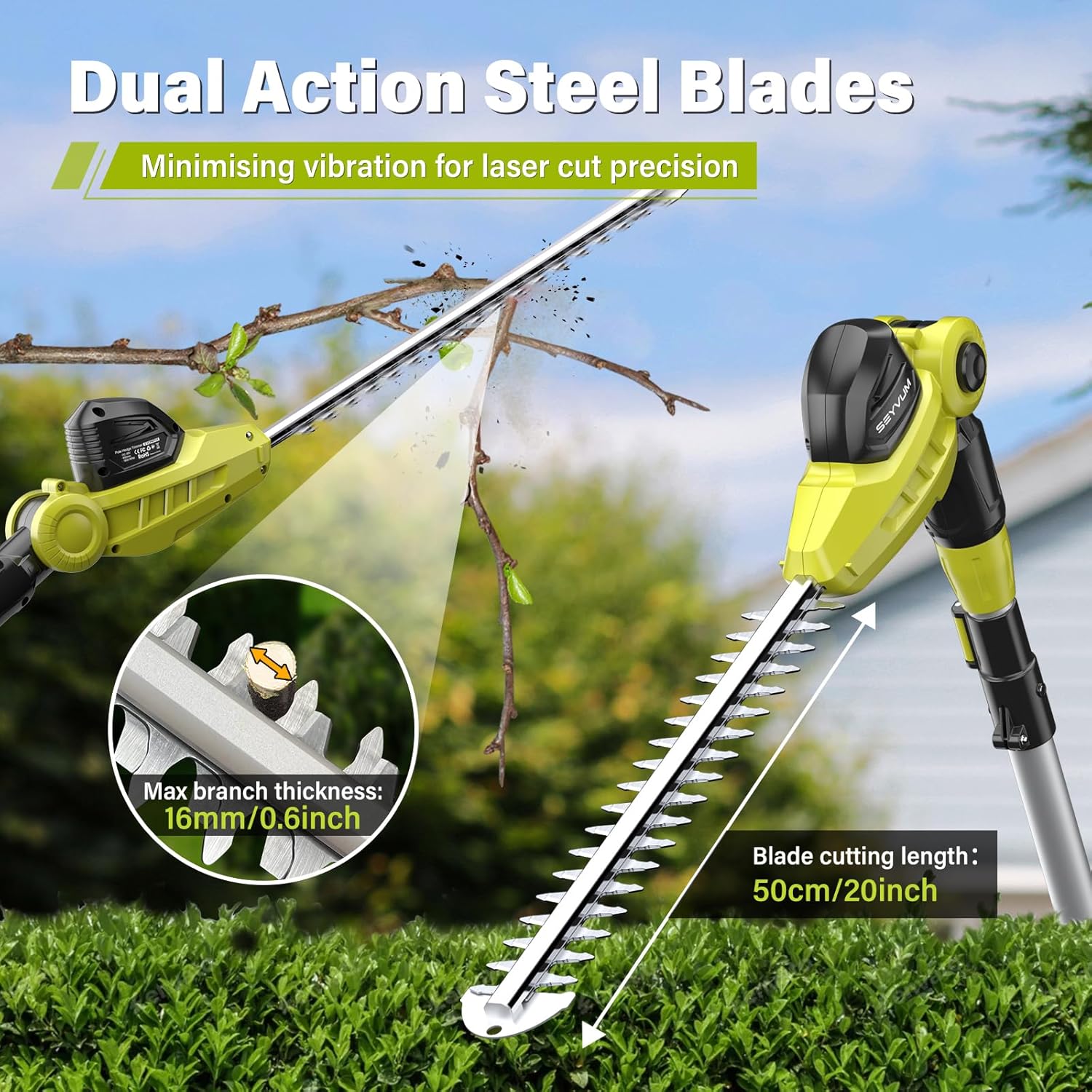 Thumbnail 3 de Pole Hedge Trimmer Long Reach with 2×2.0Ah Batteries – 50cm Blades, Telescopic to 9ft, with Shoulder Strap