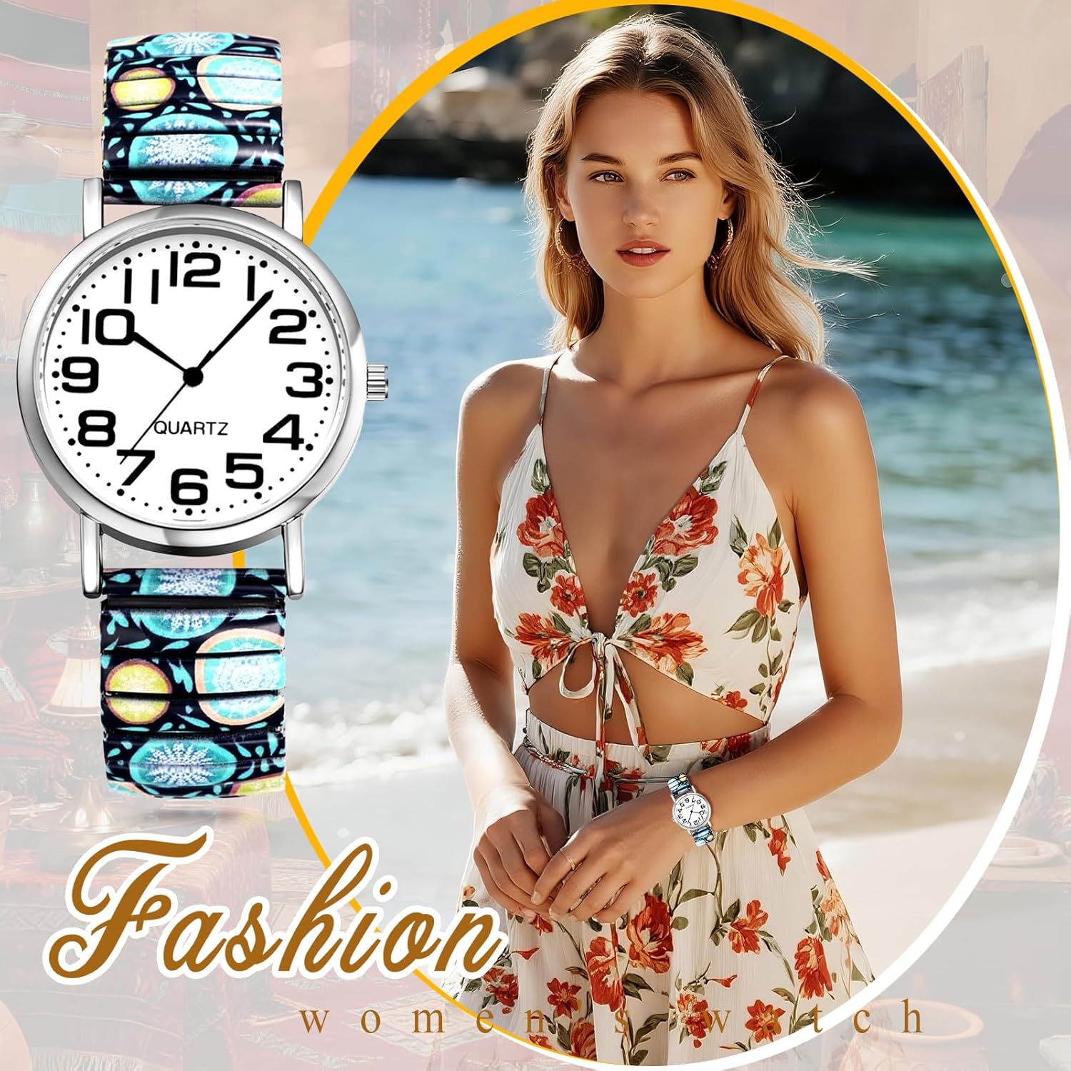 Thumbnail 5 de Avaner Damenuhr Boho Bohemian Stil mit elastischem Stretchband – Große arabische Ziffern, analoge Quarzuhr