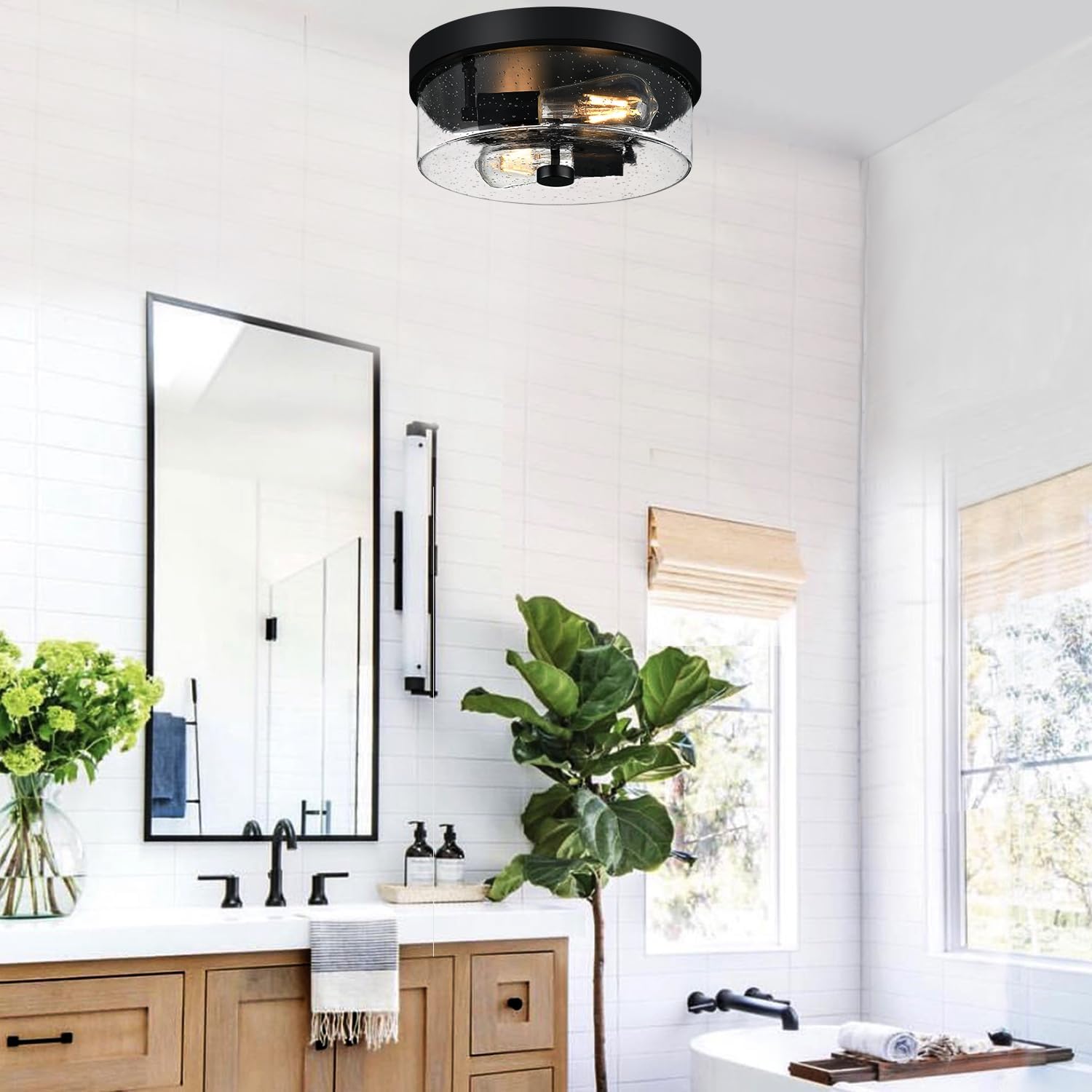 Thumbnail 4 de Black 2-Light Flush Mount Ceiling Light Fixtures with Seeded Glass Shade (Farmhouse/Industrial Style)