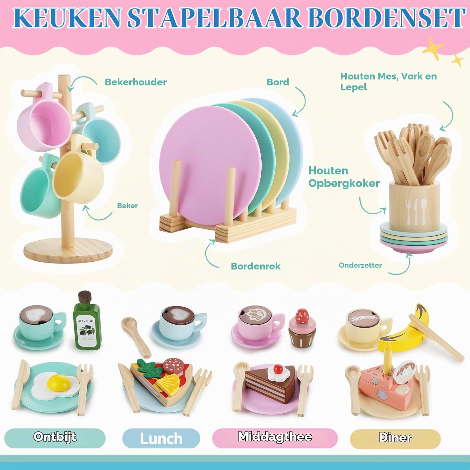 Detalle de GAGAKU YR-0211 houten theeservies voor kinderen, 27-delig met opbergstandaard
