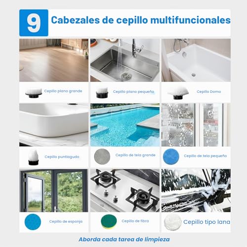 Thumbnail 6 de Ozvavzk Cepillo Eléctrico de Limpieza Hogar con 9 Cabezales Intercambiables, 2 Velocidades y Mango Telescópico