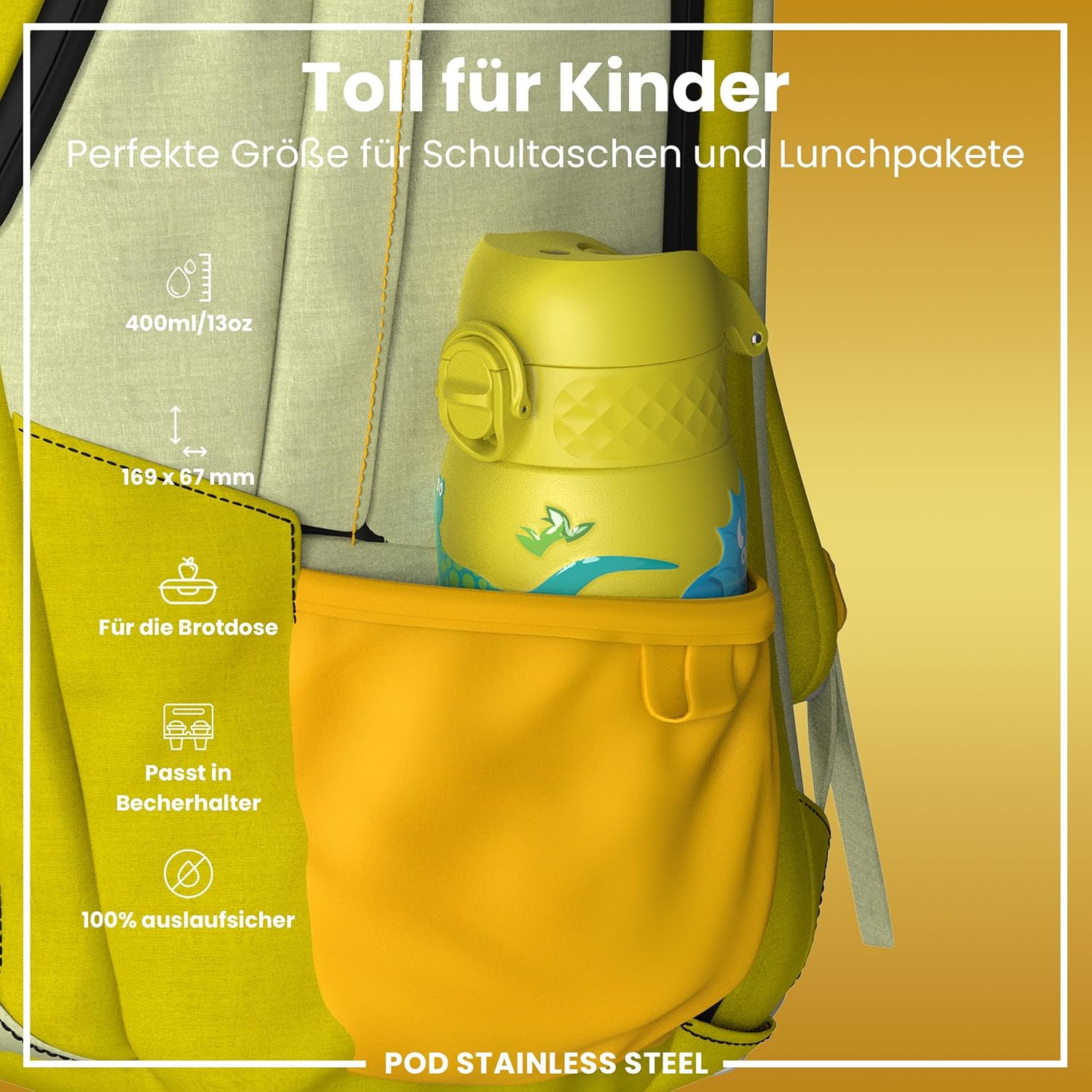 Thumbnail 1 de ion8 Kinder Trinkflasche Edelstahl Leicht 400ml – Auslaufsicher, Klappdeckel, Dinosaurier
