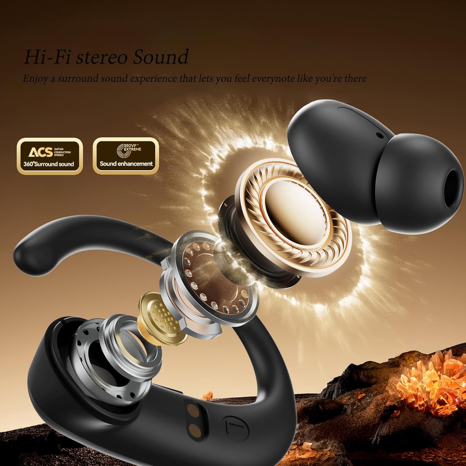 Detalle 2 de AZJLOOF Écouteurs Bluetooth 6.0 sans Fil Sport – 75 Hrs, IPX7, ENC, LED et 12 mm