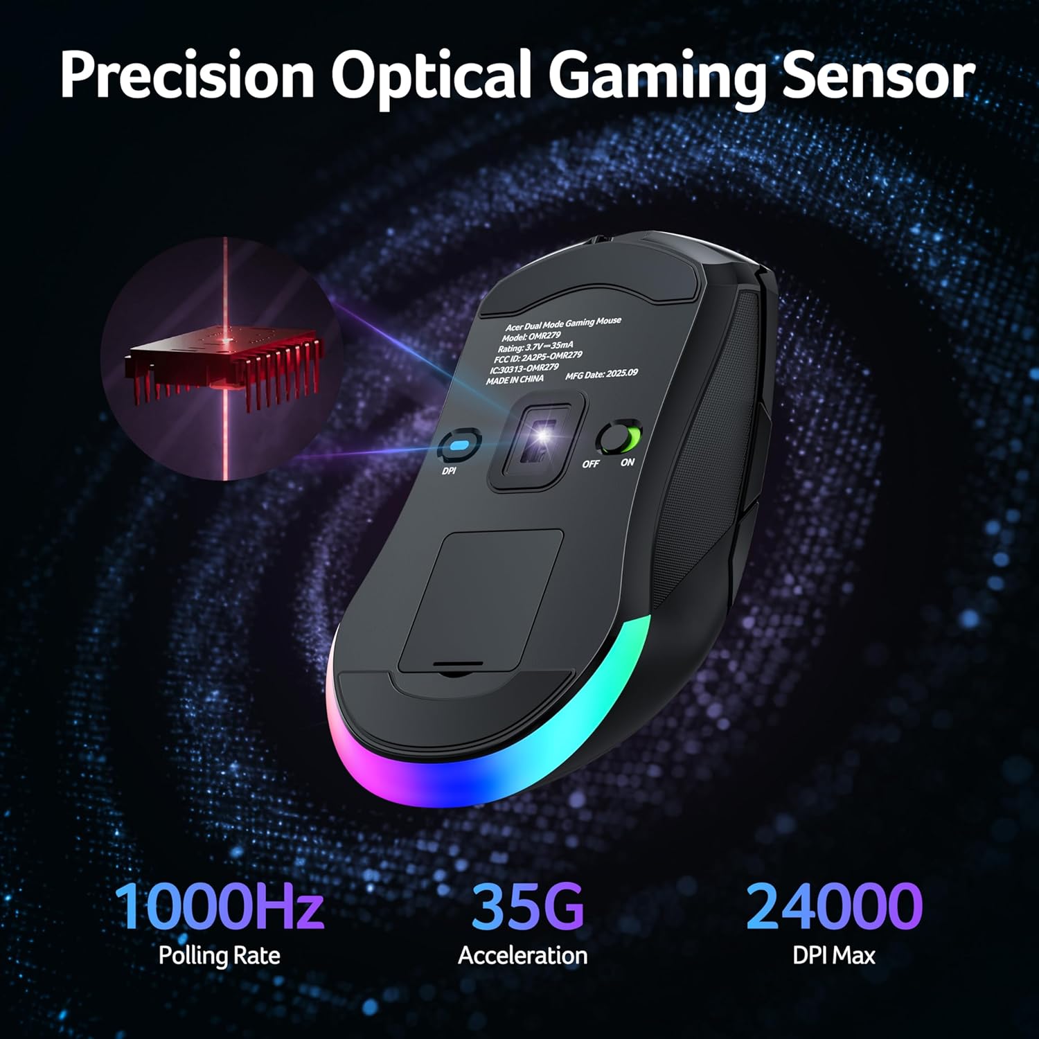 Detalle de Acer Wireless Gaming Mouse for Laptop — 24,000 DPI, Ambidextrous, 8 Programmable Buttons