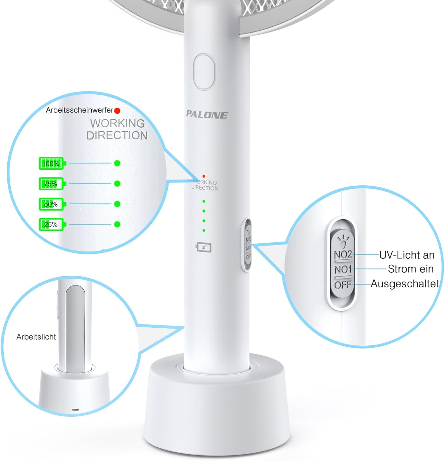 Detalle de PALONE Elektrische Fliegenklatsche Insektenvernichter 2-in-1: 4000V, UV-Lampe, USB-Aufladung
