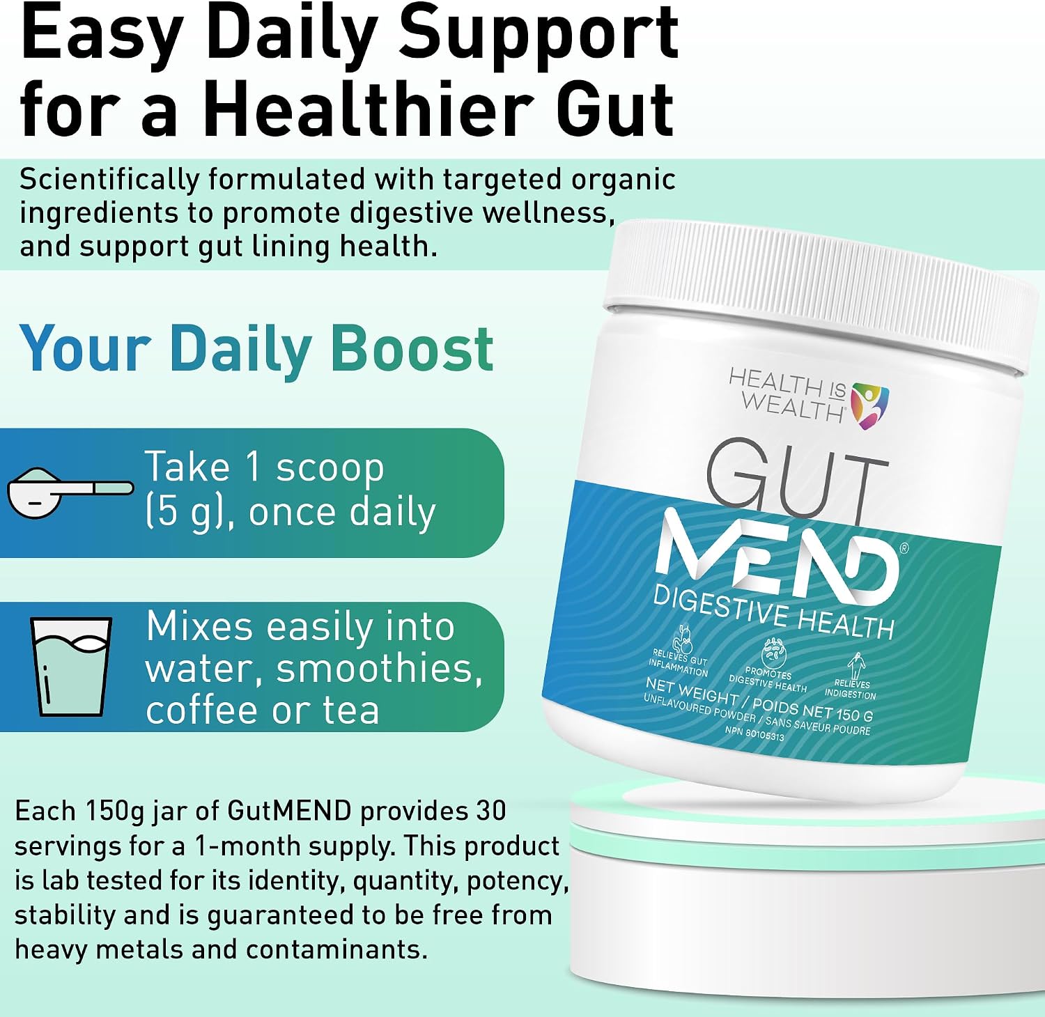 Detalle 2 de Health IS Wealth GutMEND Gut Health Powder, 150 g with L-Glutamine