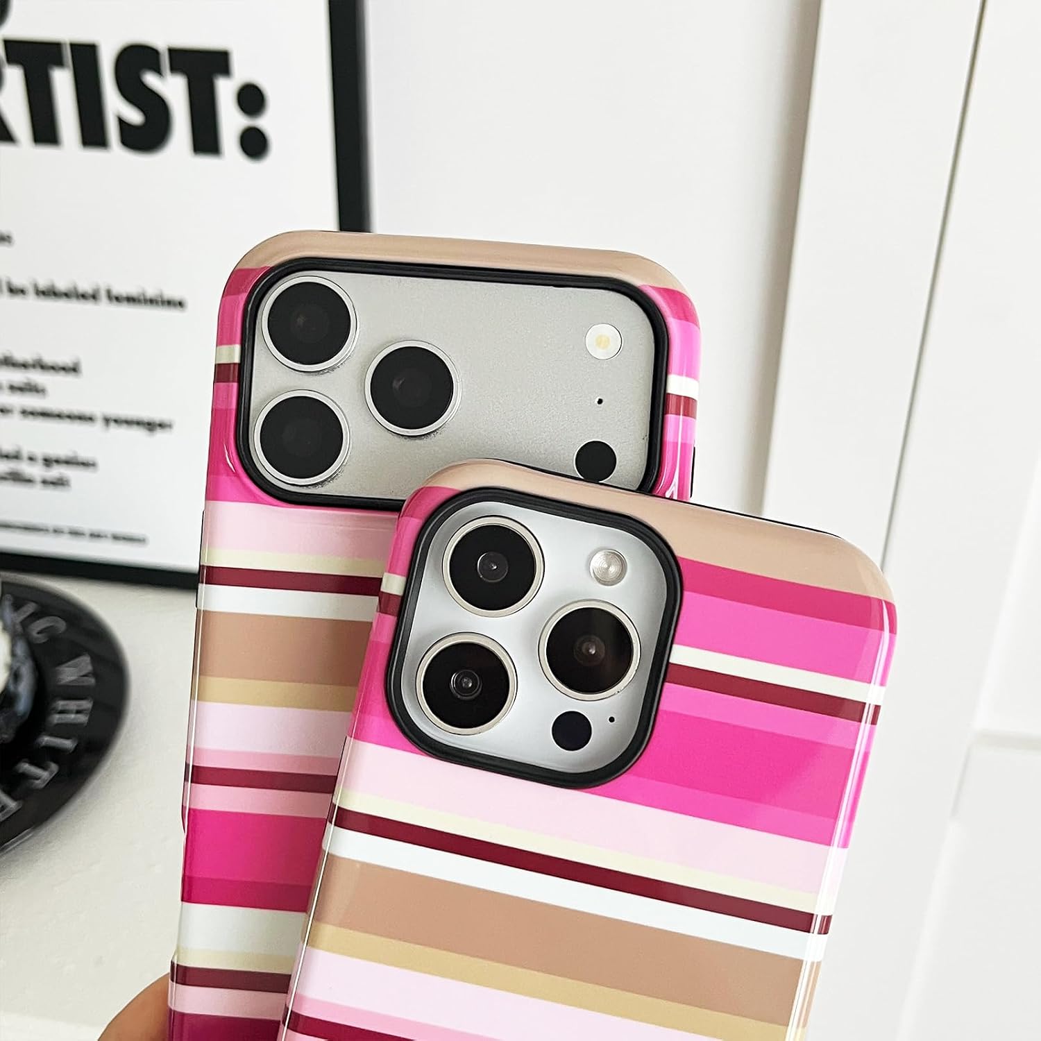Detalle 2 de Sayoaho iPhone 16 Pro Case, Pink Striped Retro Design, TPU Edge and PC Back