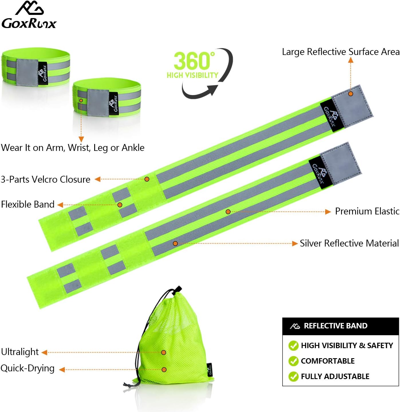 Detalle de GoxRunx Reflective Bands 6-Pack, Adjustable Running Gear with Slap Bracelets