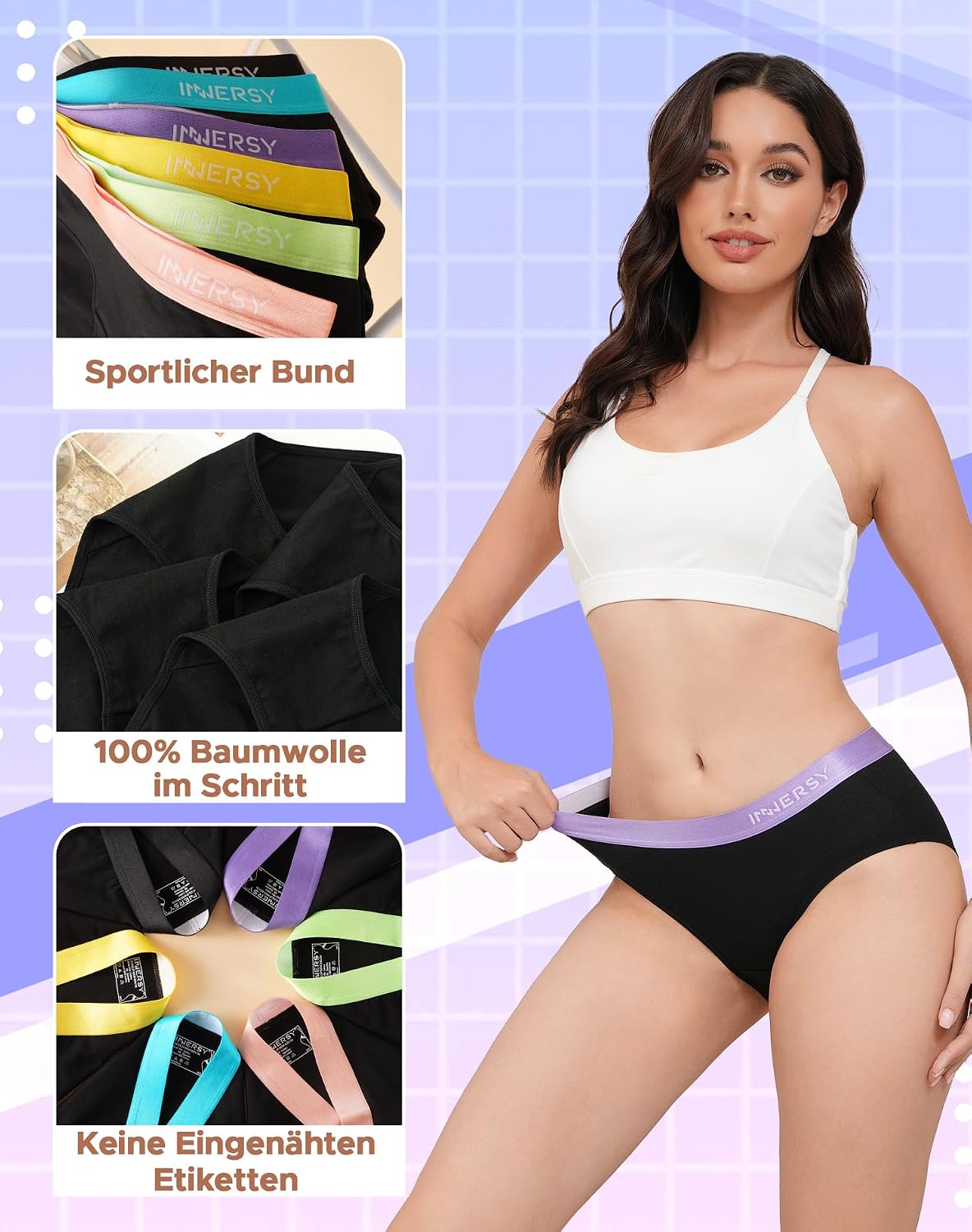 Detalle de INNERSY 6er Pack Damen-Slips aus Baumwolle – bequeme Stretch-Pantys mit atmungsaktivem Schritt