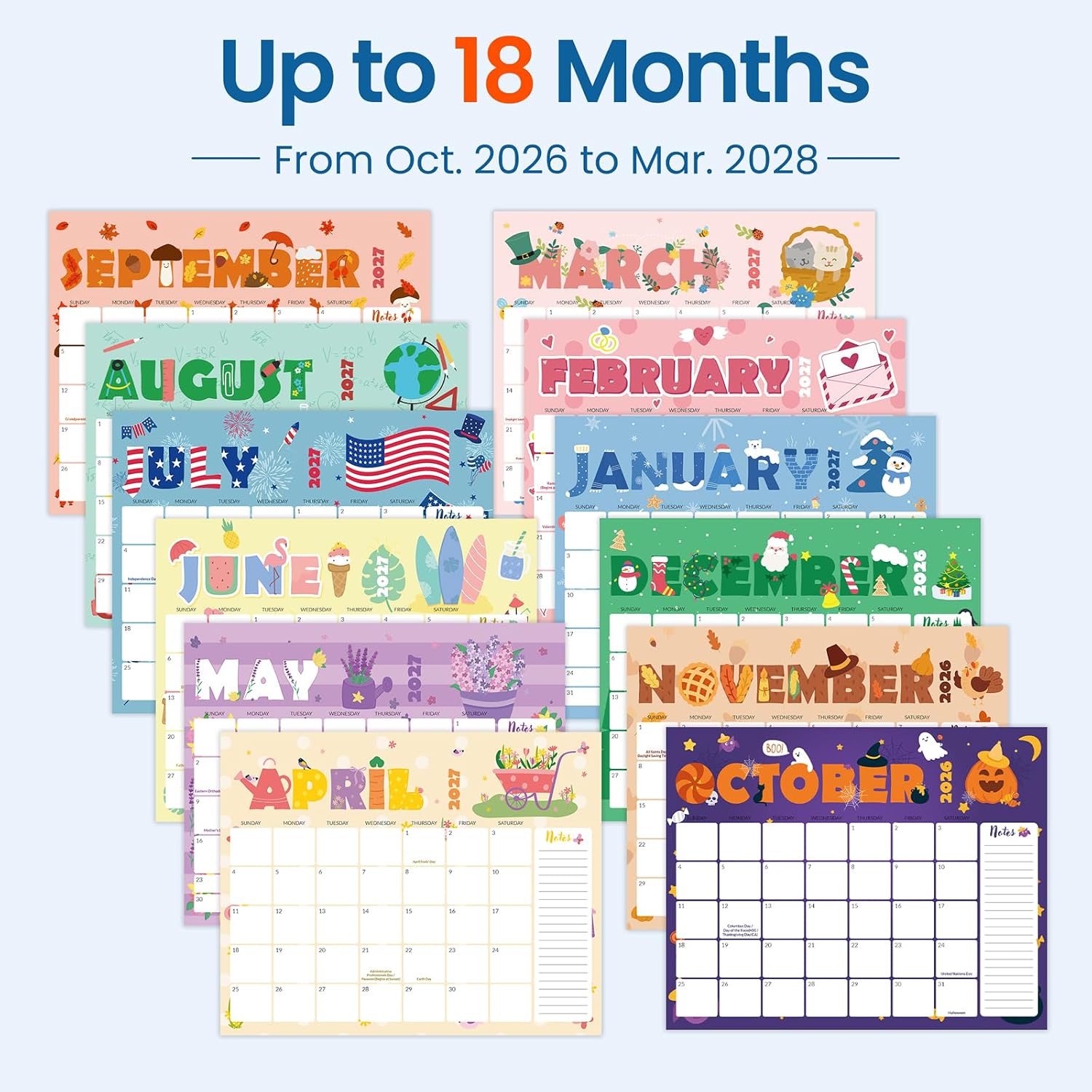 Detalle 2 de SUNEE 2027 Wall Calendar, 18-Month Monthly Planner, 14.5" x 11.5