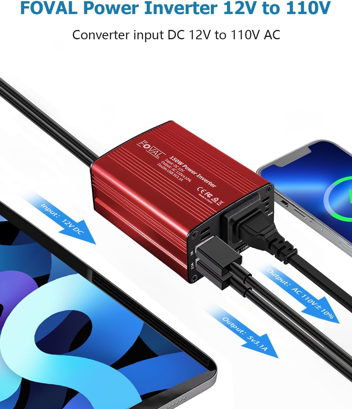 Detalle de FOVAL 150W Car Power Inverter: 12V DC to 110V AC with Dual USB and Compact Aluminum Build