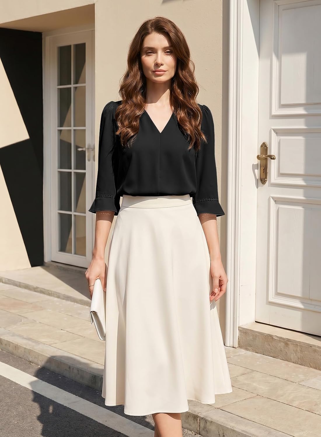 Detalle 2 de EVALESS Women's 3/4 Sleeve Pleated V-Neck Dressy Casual Tops