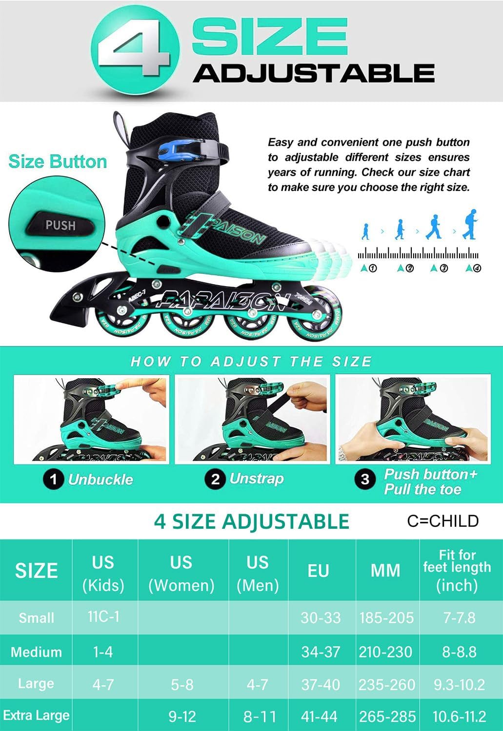 Detalle de PAPAISON Adjustable Inline Skates with Light-Up Wheels ⛸