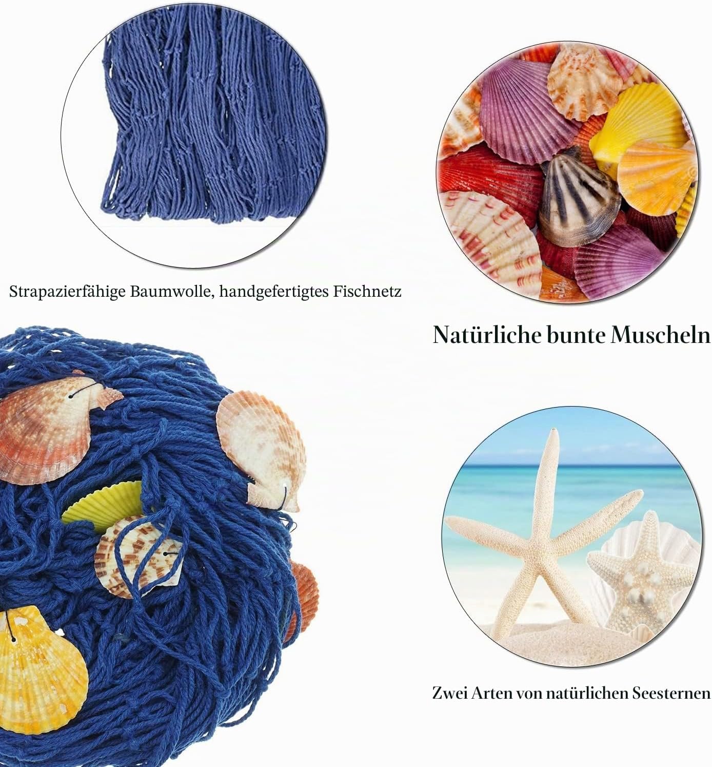 Detalle de Nature Fish Net Wanddekoration mit Muscheln und 10 Seesternen – Mediterraner Stil, 150 cm × 200 cm